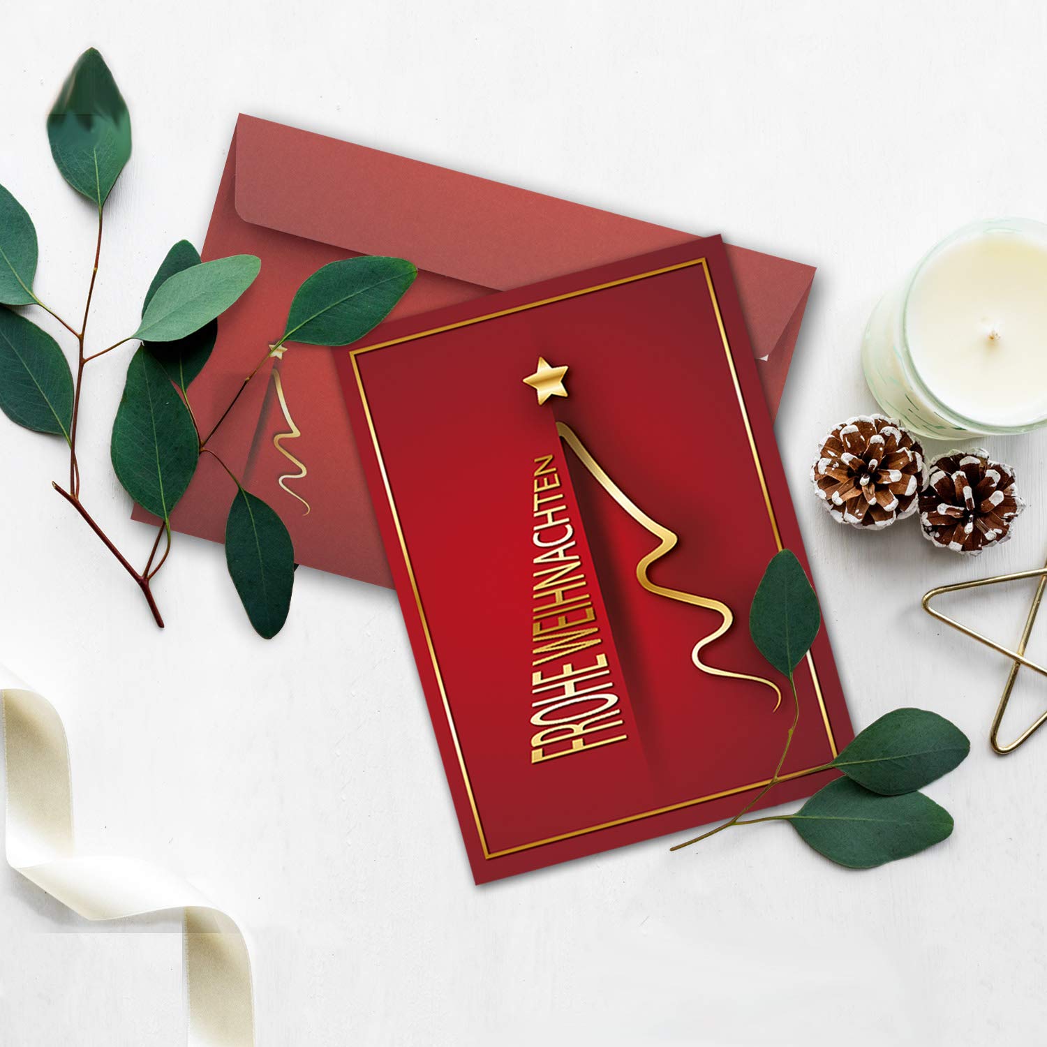 Lot de 200 cartes de Noël DIN A6 en rouge avec motif arbre de Noël doré - Cartes pliantes avec enveloppes assorties - Moderne - Cartes de vœux de Noël pour les entreprises et les particuliers.