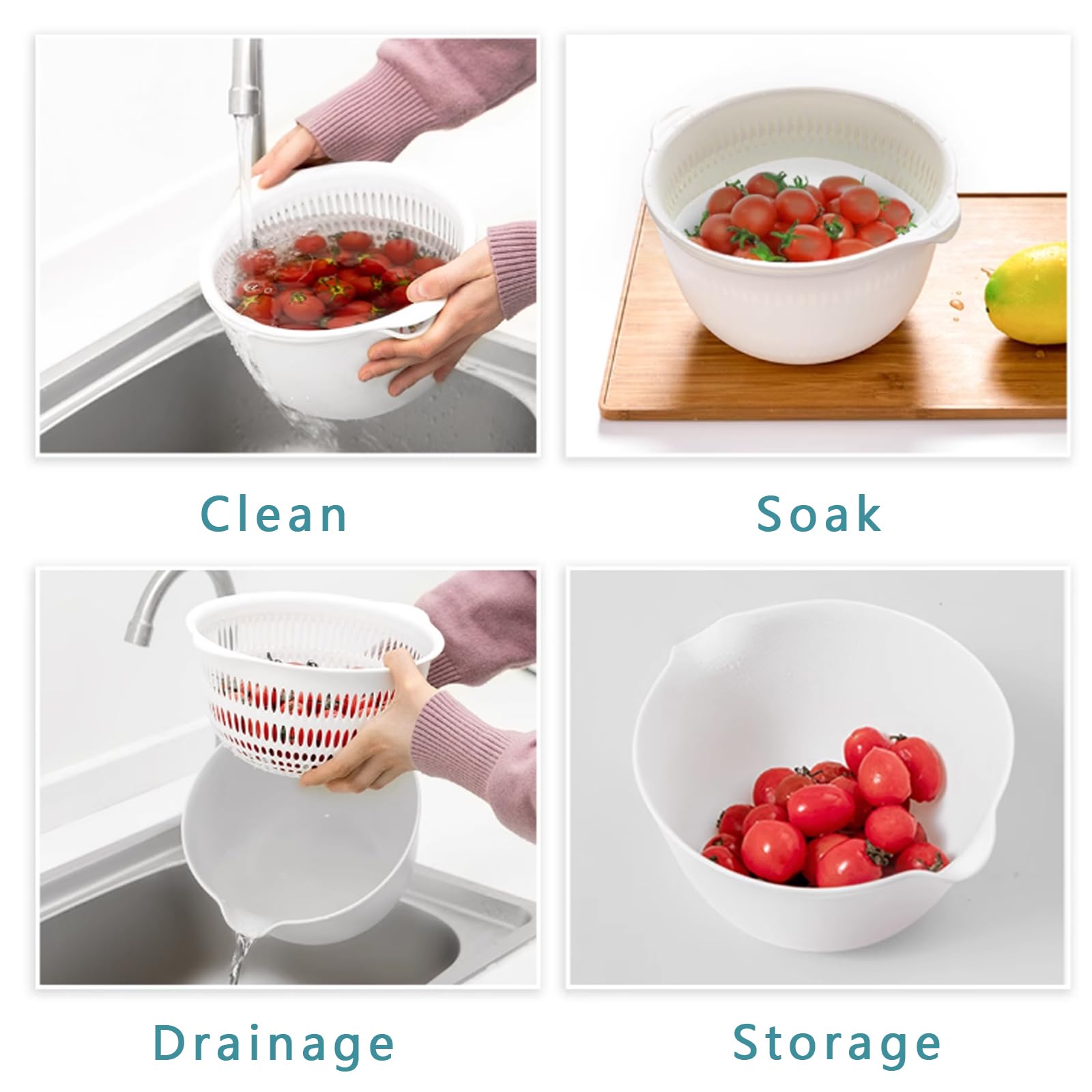 Juego de 2 coladores de cocina 2 en 1 de 3 cuartos de galón con colador de tazón, cesta de lavado de frutas y verduras de plástico sin BPA, apto para lavavajillas, doble capa, para pasta, fideos, arroz y alimentos (gris) 7