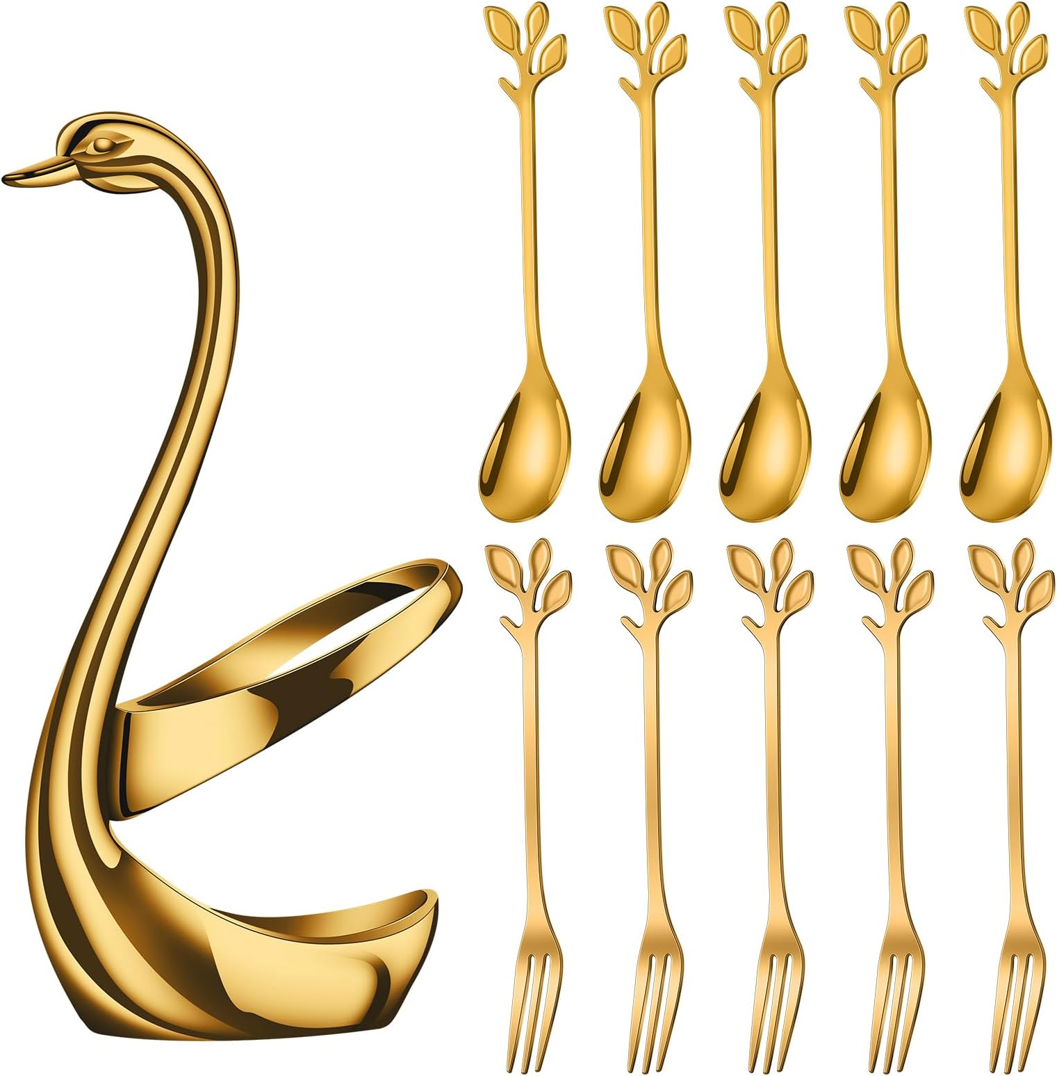 Stainless Steel Gold Creative Dinnerware Set - Decorative Swan Base Holder with 5 Forks and 5 Spoons for Coffee, Fruit,Dessert,Stirring, Mixing, Sugar, Stir, Ice Cream, Cake, Teaspoon (Gold)