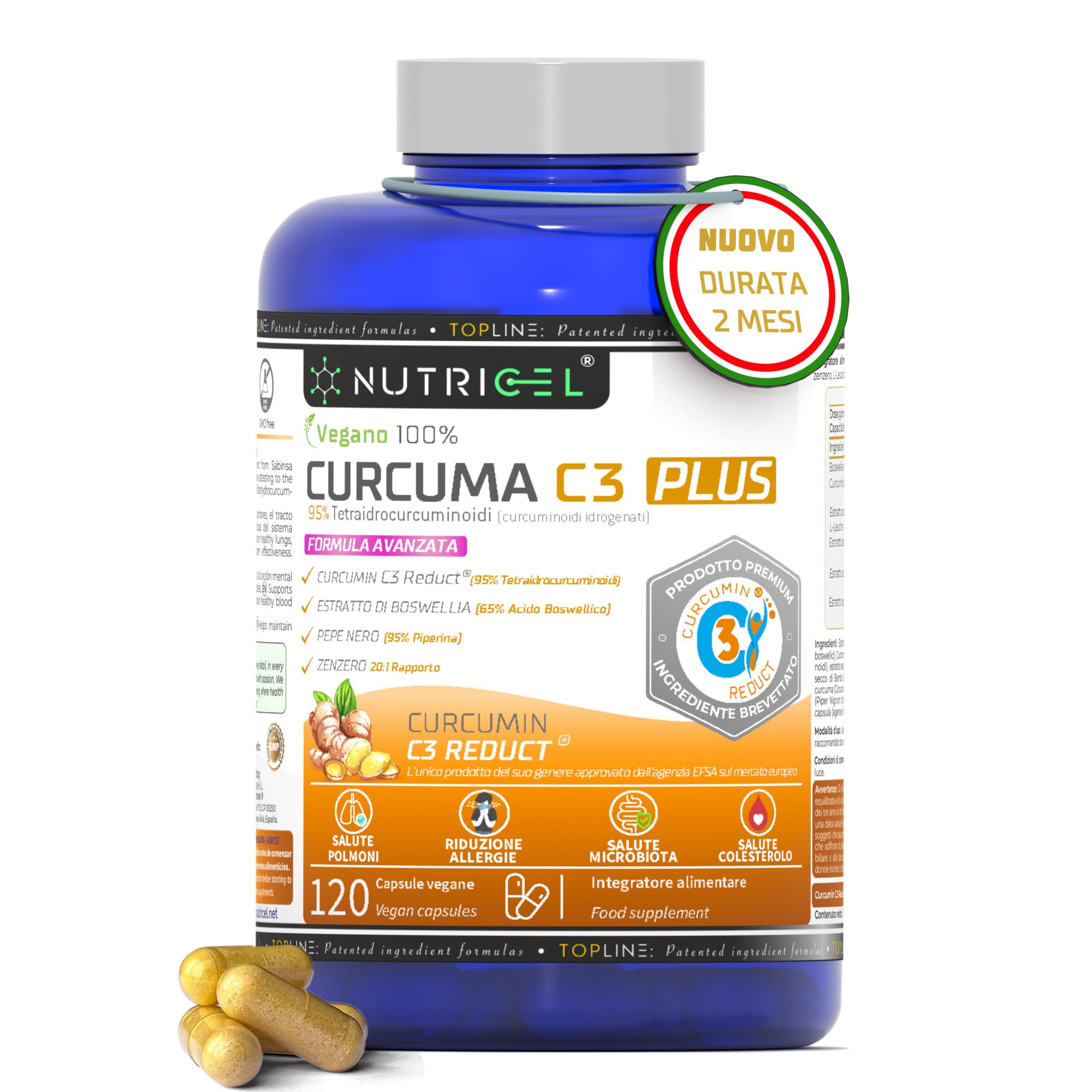 Curcuma Capsule C3 Reduct® brevettata con Estratto di Boswellia, Zenzero e Pepe Nero, Potente Antinfiammatorio e Antiossidante Naturale – Curcumina con studi clinici – Approvata EFSA | 120 Capsule