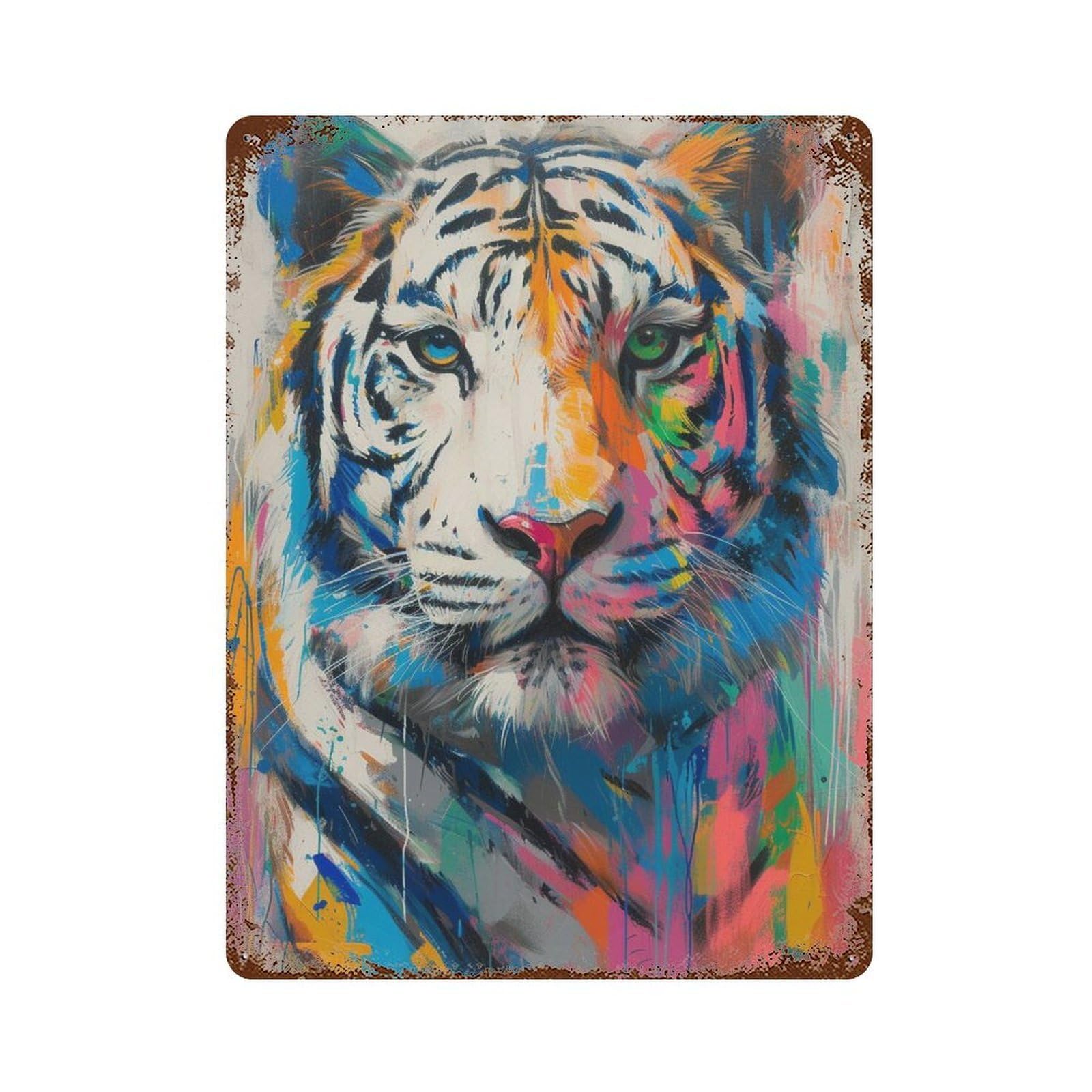 Rust Effect Colorful Tiger Painting Artwork-1 Aged Metal Wall Plaque 15.7"x11.8", Shabby Chic Decor for Living Room, Hallway And Home Decor