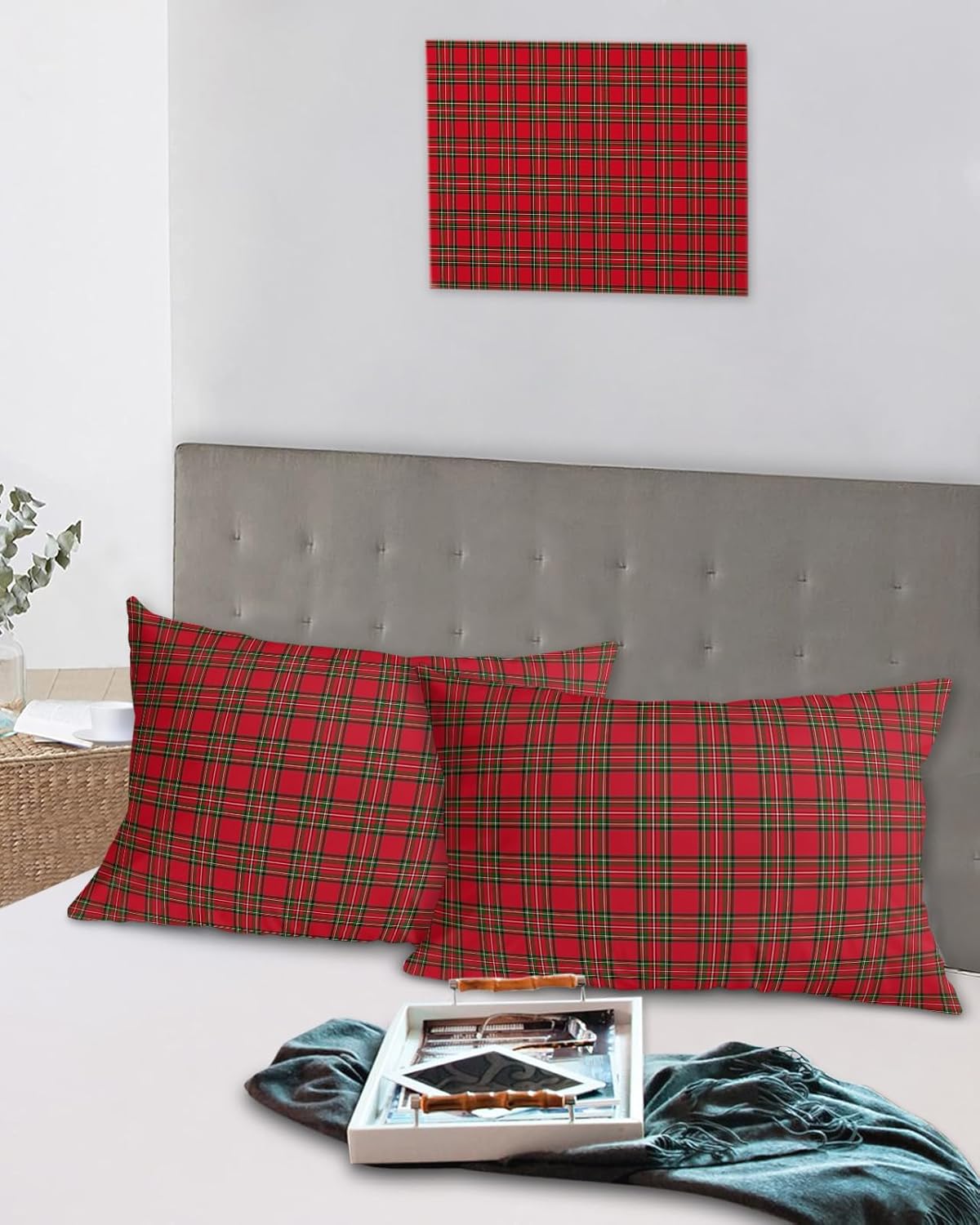 Christmas Pillow Covers King Standard Set of 2 Bed Pillow, Plush Soft Comfort for Hair/Skin Cooling Pillowcases with Envelop Closure 20x36 Inches Country Rustic Red Green Buffalo Lattice