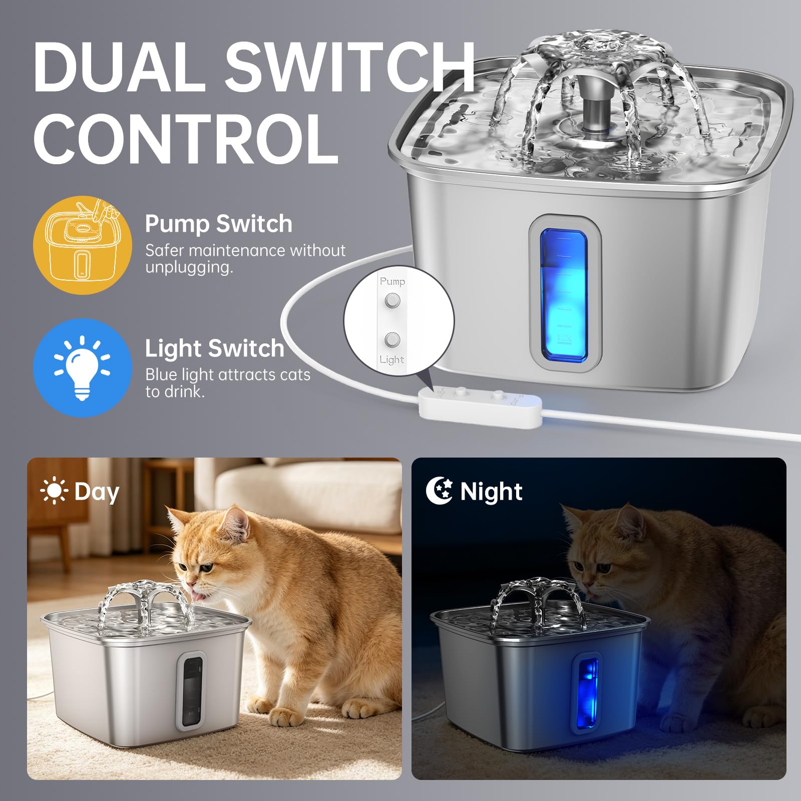 PETLIBRO Upgrade Cat Water Fountain, Cordless Cat Fountain Battery Operated, App Monitoring 3L/101oz Dockstream 2 Pet Water Fountain with Stainless Steel Tray, 5GHz WiFi Dog Water Bowl Dispenser product image 14