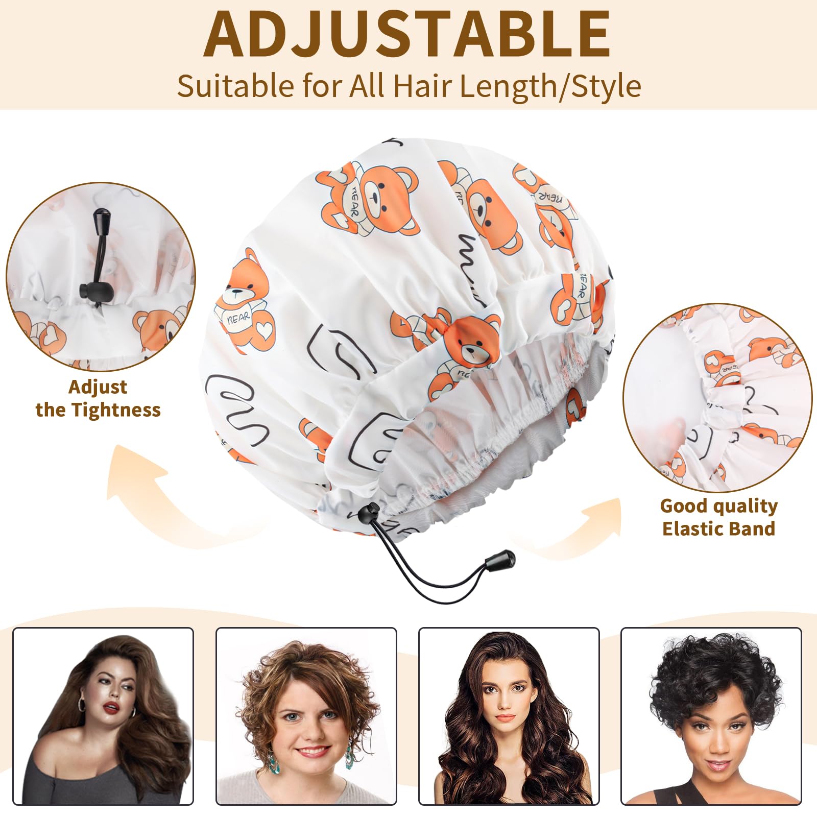 3-teilige Duschhauben für Damen, Upgrade bequem und extra groß und doppellagig, wasserdichte Badehaube, übergroße, verstellbare Haarhaube mit Saum für alle Haarlängen/-stile
