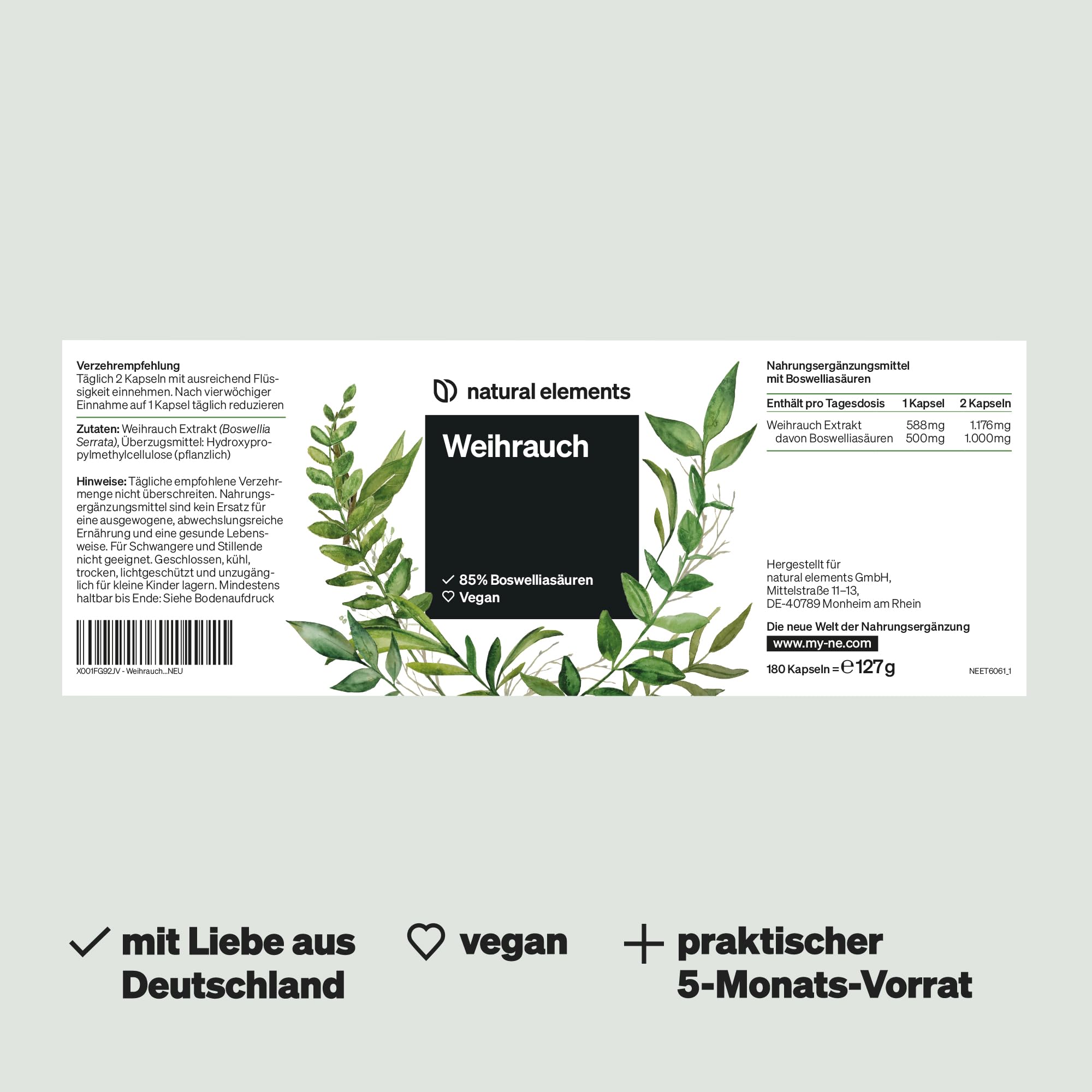 natural elements Weihrauch Kapseln – 1176mg Extrakt aus Weihrauch/Tag – 85% Boswelliasäuren – hochdosiert & vegan – Vorrat für 5 Monate – in Deutschland entwickelt & laborgeprüft
