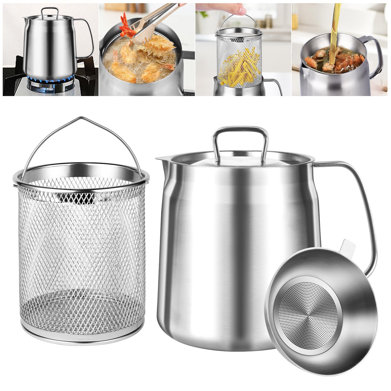 304 Stainless Steel Oil Filter Pot,68oz Bacon Grease Container with Strainer,Cooking Oil Container With Frying Basket,Large Capacity Multifunctional Oil Strainer Pot for Kitchen and Camping (2L)