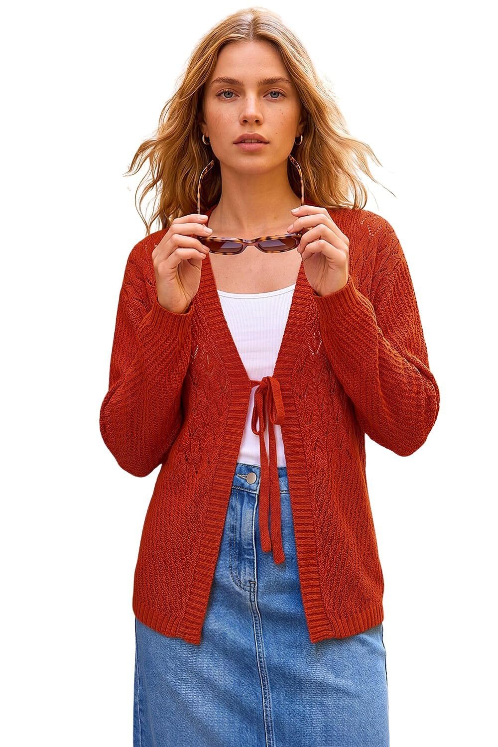 Roman Women's Orange Textured Tie Front Knit Cardigan In Size 16