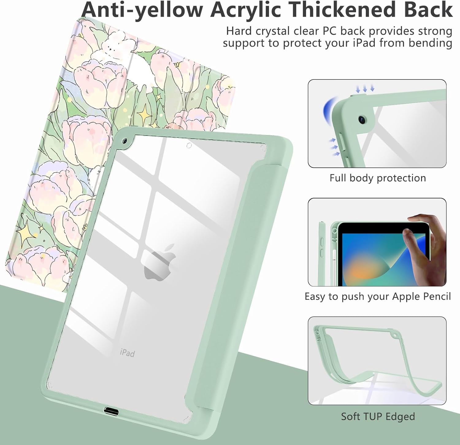 Cute Flower Dog for iPad Pro 10.5 Inch 2017 Air 3 Case with Pencil Holder, Foldable Green Leather Cover Case, Support Auto Sleep Wake