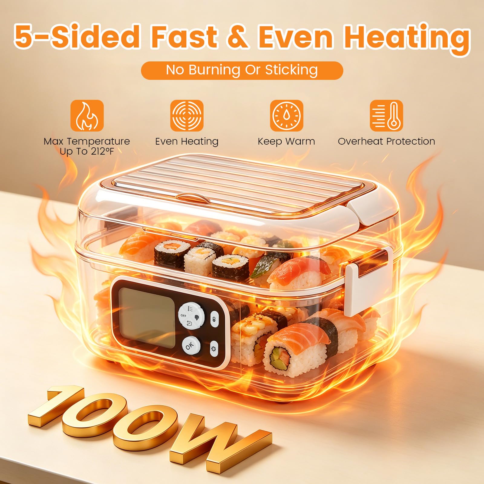 Fiambrera eléctrica con batería de 27000 mAh, 100 W, recargable, autocalentable, fiambrera eléctrica de 1,5 L, con inserto de acero inoxidable extraíble, caja térmica para coche, camión, oficina