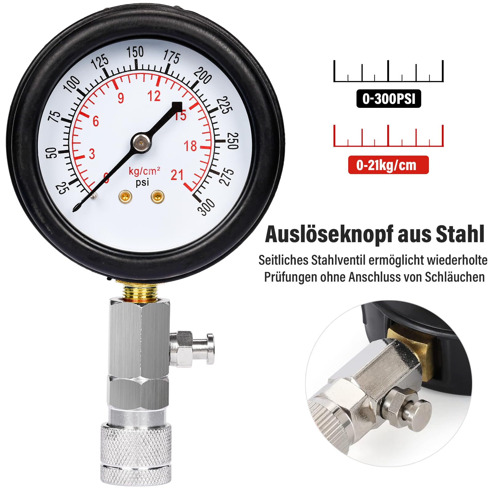 Tester di Compressione, Manometri Compressione per Motori Benzina 0-20 Bar o 0-300 PSI con 4 Adattatori M10 M12 M14 M18 per Auto e Moto (Blu)