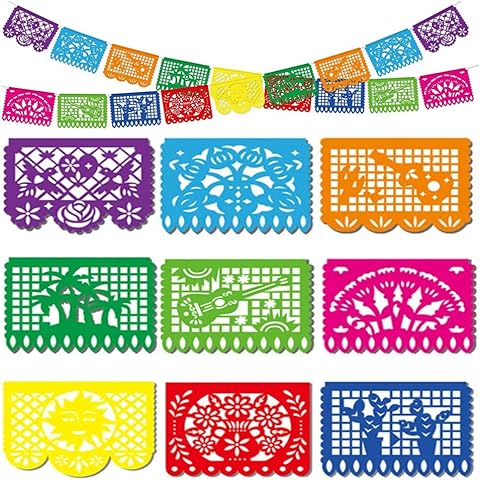 DomeStar Mexican Party Banner, 18 Feet Plastic Fiesta Banner Cinco de Mayo Dia De Los Muertos Decor Day of The Dead Papel Picado Decorations Mexican Fiesta Garland for Mexican Party Supplies Cover