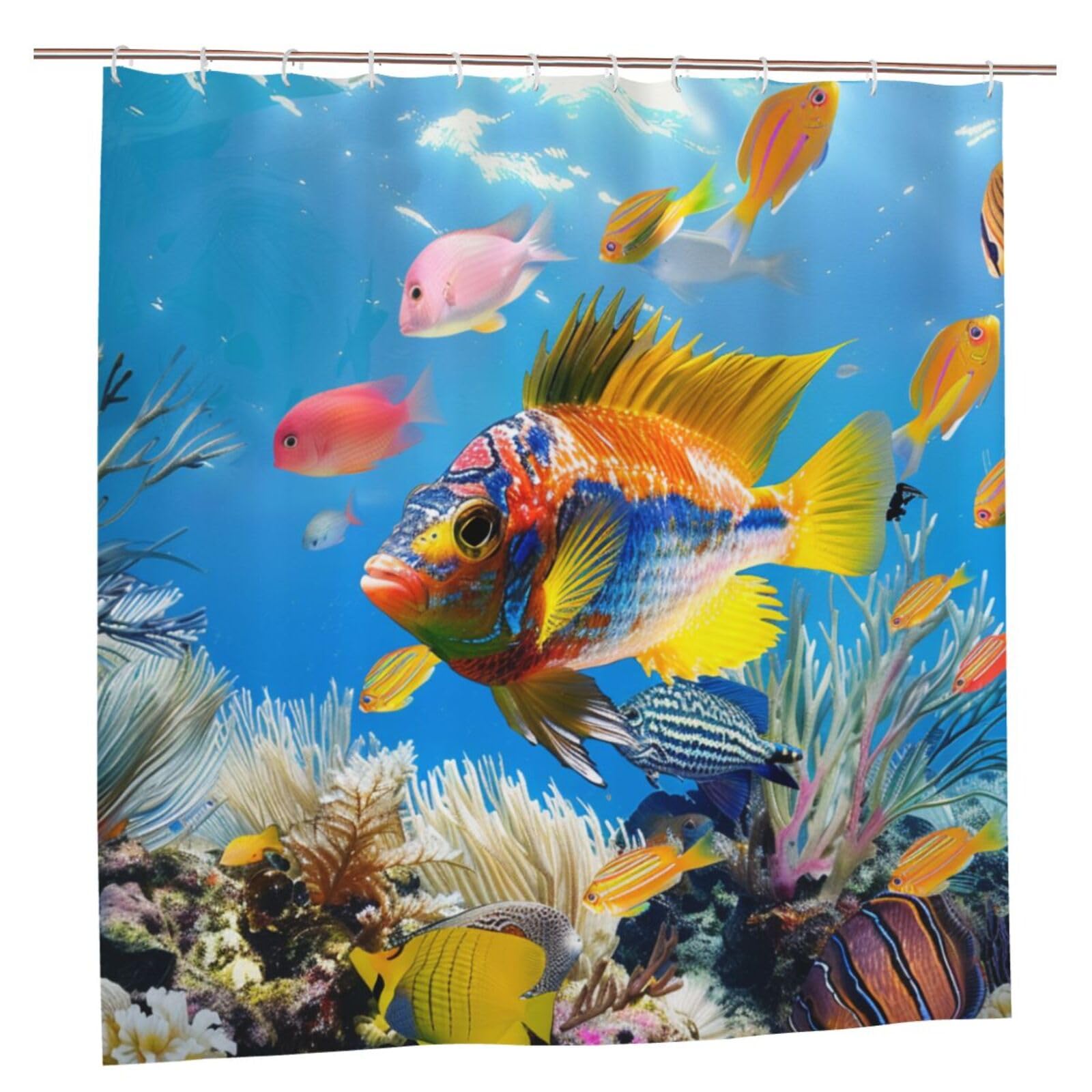 BWWHCCTI Colorful Fish Printed Shower Curtain With 12 Plastic Hooks Opaque Quick Drying Waterproof Shower Curtains Sets For Bathroom 183x183 CM