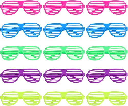 Hxezoc Paquete de 15 lentes de persiana de los años 80 y 90, regalos de fiesta, gafas de plástico para niños y adultos, gafas de sol de neón,
