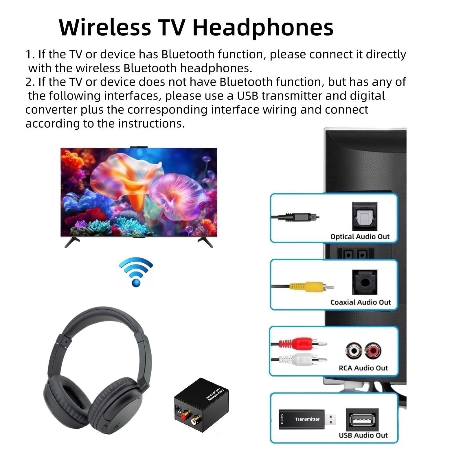 Cuffie TV Senza Fili con Trasmettitore USB per Anziani, Bluetooth Cuffie Over-Ear, Batteria 30 Ore, Archetto Retrattile Ultra Leggero Cuffie Senza Fili, Supporto Uscita Audio Coassiale Ottica RCA USB