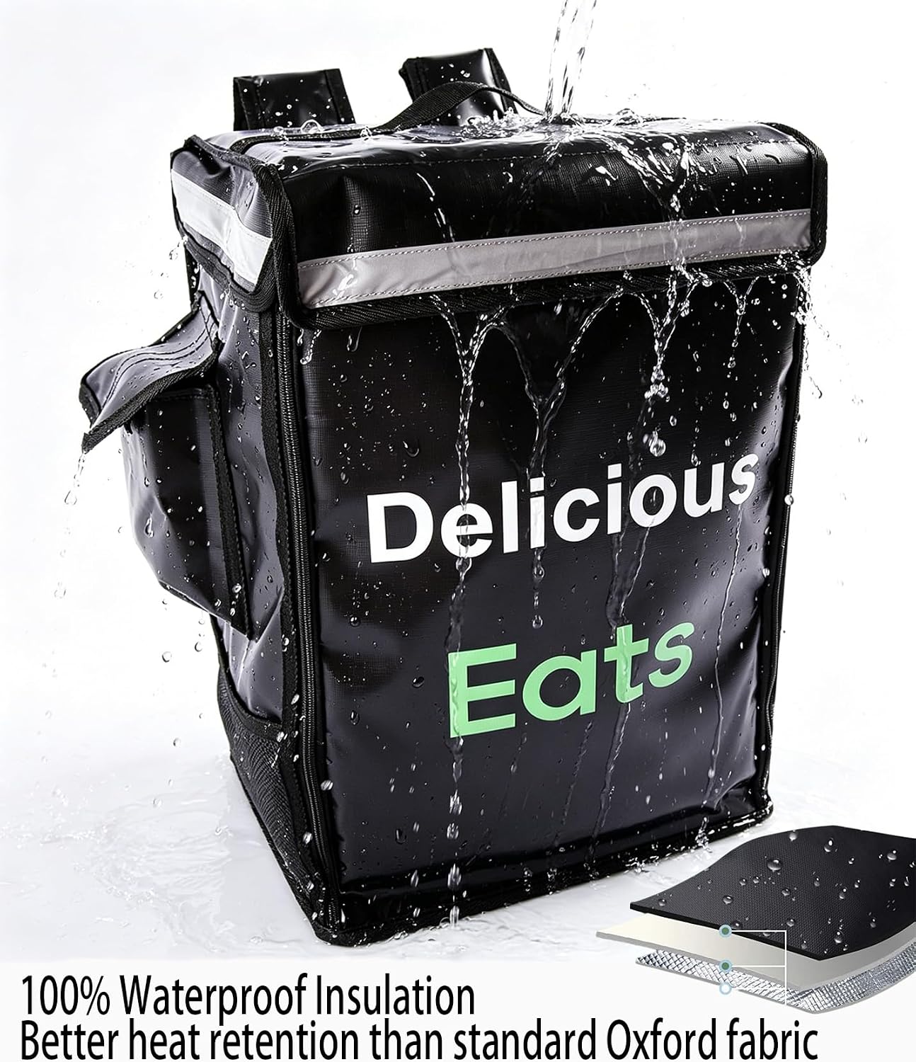 Insulated Food Delivery Backpack with 3 Inner Spaces & 4 Pockets & Reflective Strip, Large Capacity, Leakproof, 4 Cup Holders, Fit 10” Pizza, Optimized for Hot/Cold Food, Bike Delivery, Outdoor & More