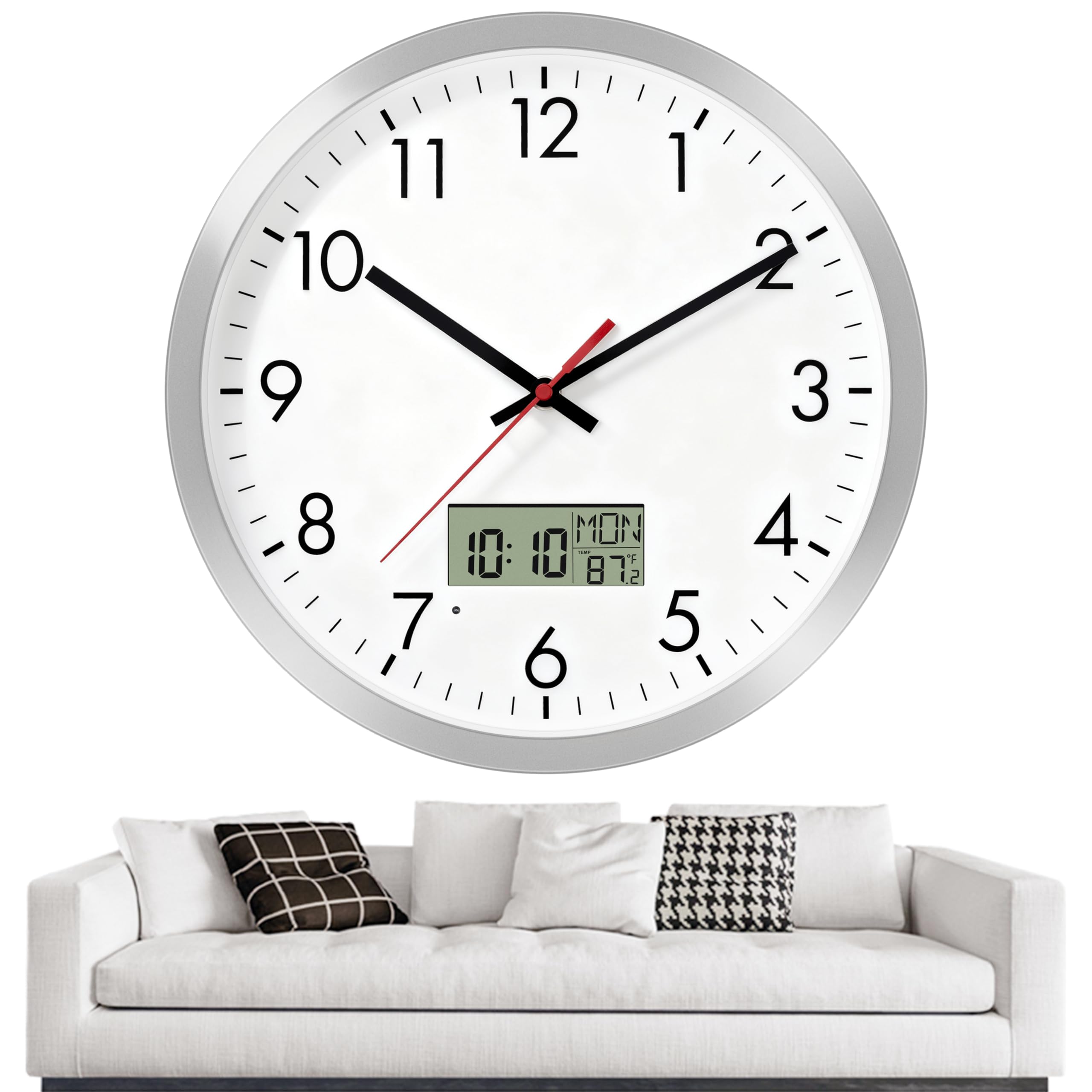 Koosome Analog & LCD Wall Clock 30cm Silent Non-Ticking Silver