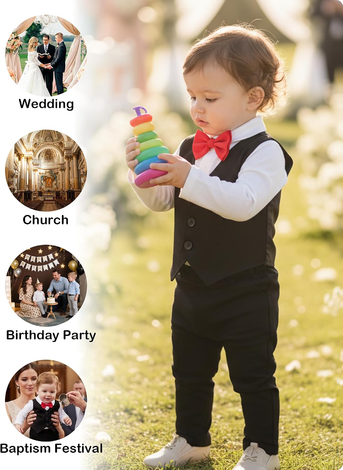 NZRVAWS Newborn Baby Boy Clothes Suit Tuxedo Baptism Outfit Christening Top+Suspenders Pants+Vest+Bow Tie 5PCS 0-24 Months