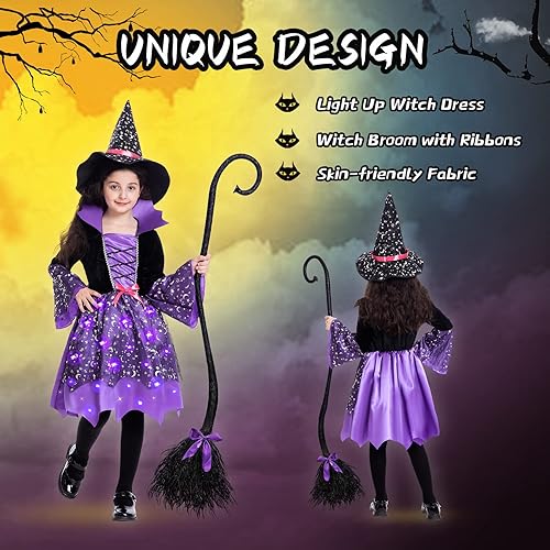 Miniatura 5 de Disfraz de bruja iluminada para niñas, disfraces de bruja de Halloween con escoba de bruja, sombrero para regalo de fiesta de Halloween