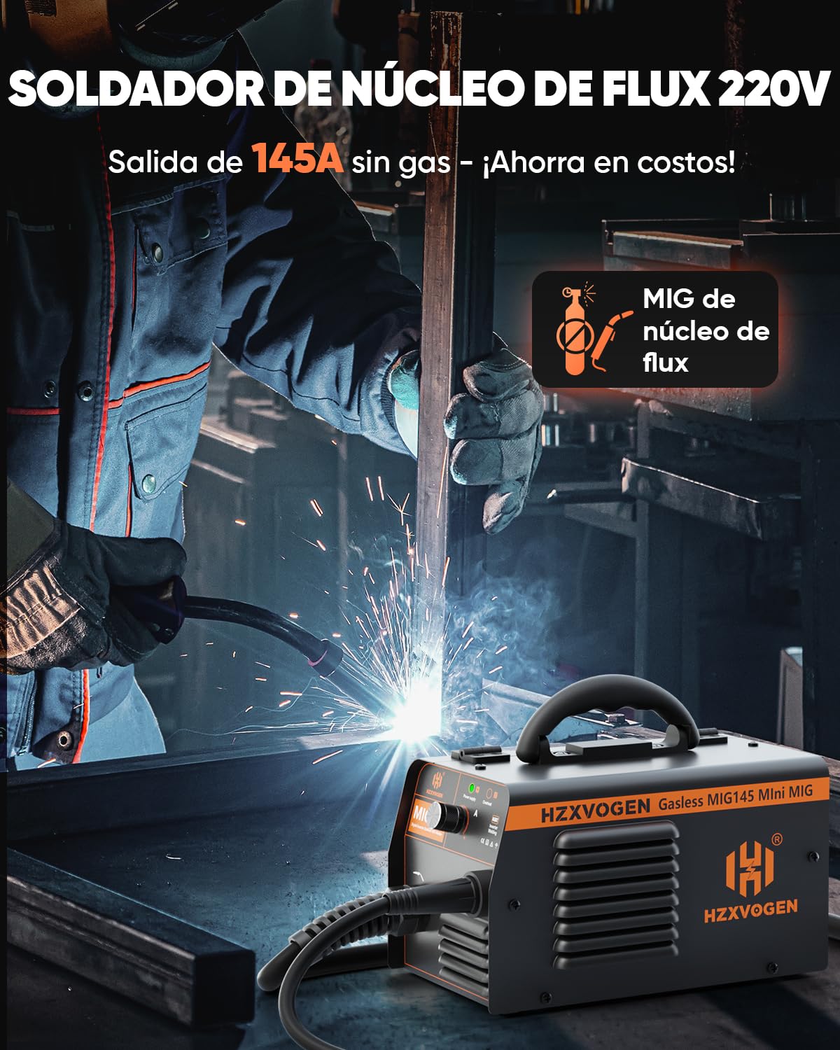 Soldador de Hilo sin Gas, 145A Soldador Inverter IGBT, Soldadura de alambre de llenado, Mini Portátil Soldador MIG
