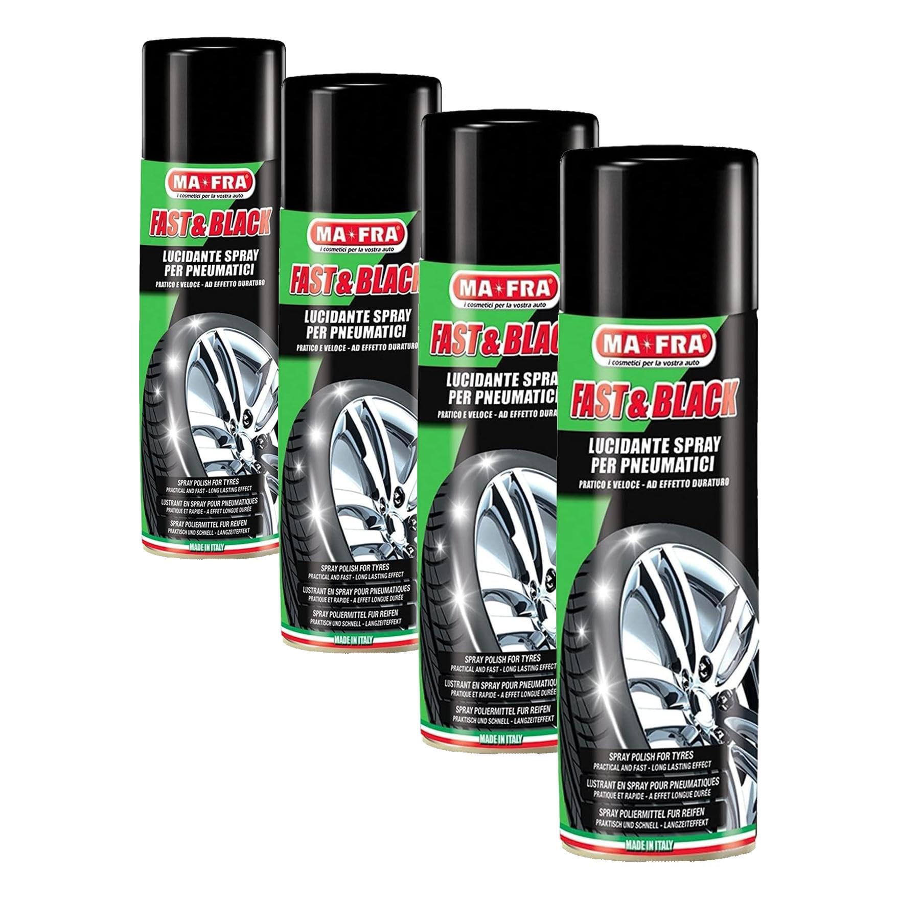 Mafra, Fast & Black, Spray de Polissage Antistatique pour Pneus, Pratique, Rapide, Ravive la Couleur d'origine des Pneus, Prévient Les Fissures, 500ml (Lot de 4)
