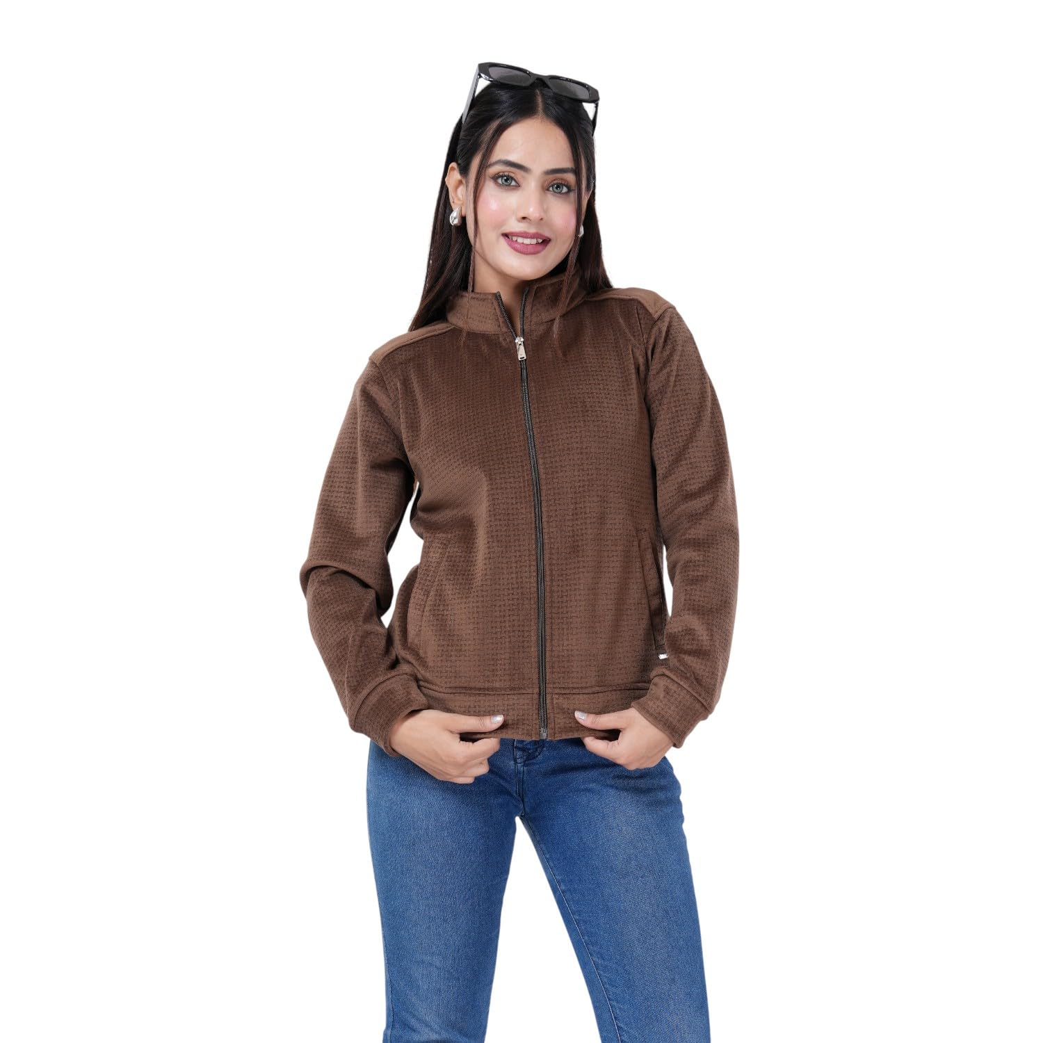Women's Full-Zip Textured Jacket, Brown, High Neck, Casual Winter Wear with Side Pockets-image-48
