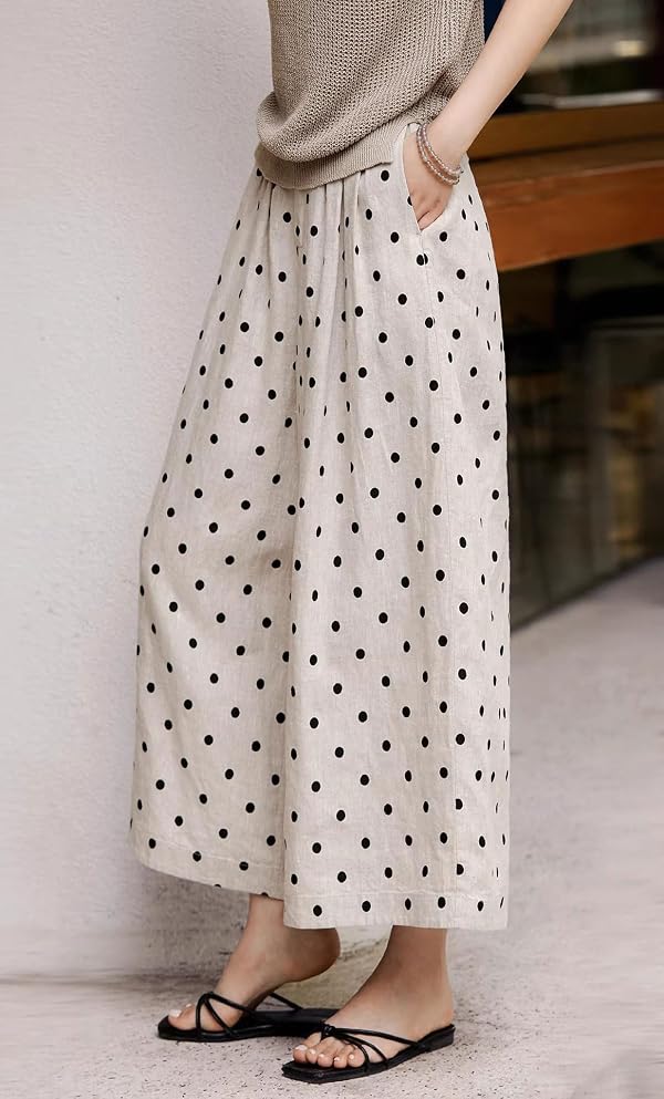 CHARTOU Wide Leg Pants Women Polka Dot Palazzo Pants Elastic Waist Casual Cropped Trousers with Pockets (Small,Beige) by CHARTOU - Used condition - Image 2