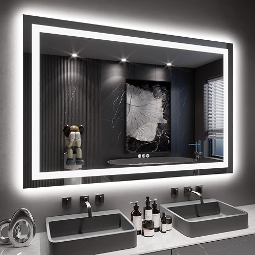 LOAAO Espejo de baño LED de 60 x 40 pulgadas con luces, antiniebla, regulable, retroiluminado + iluminado frontal, espejo de tocador de baño