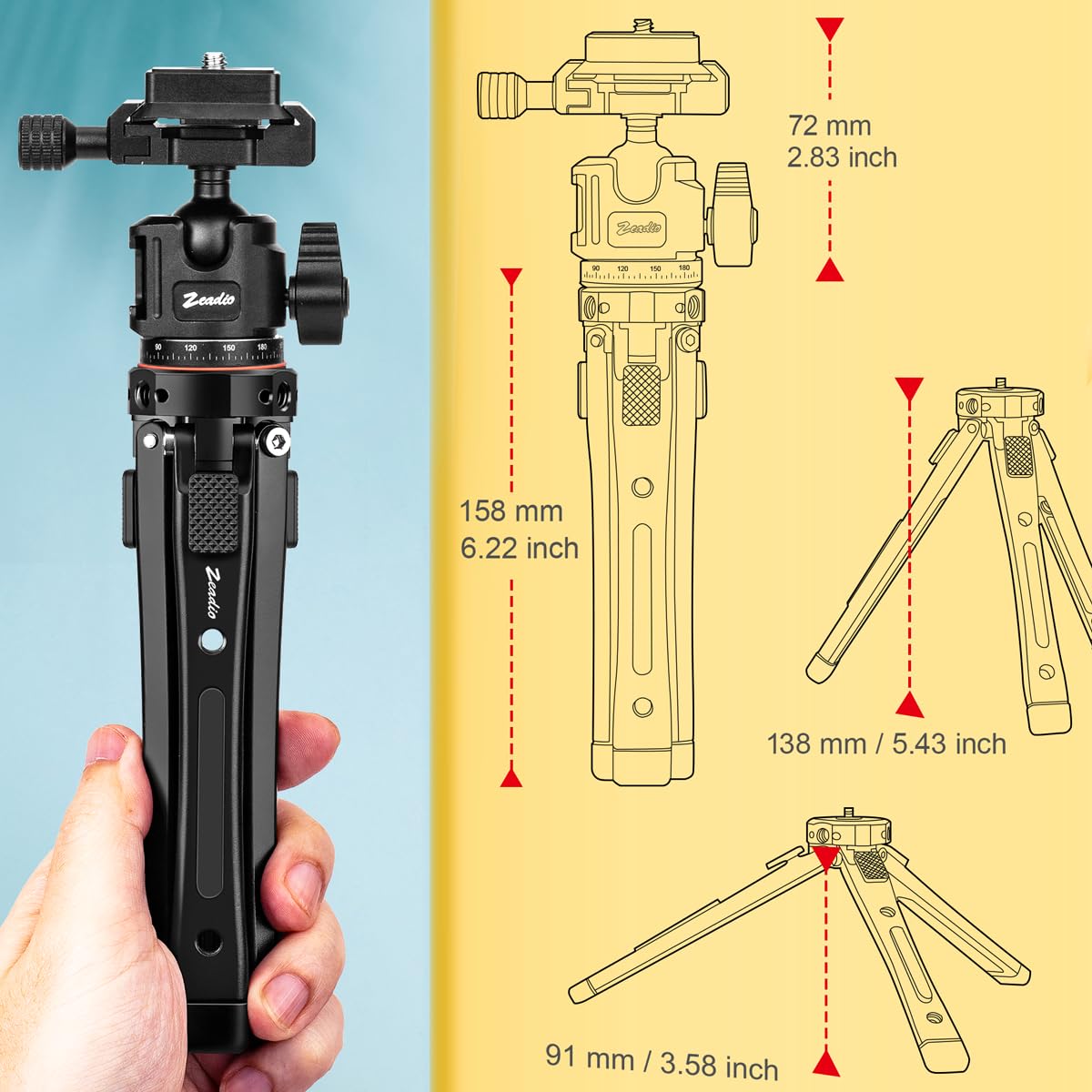 Zeadio 3-in-1 Schweres Metallstativ mit Arca-Kugelkopf, Halterung für Handy & Actionkamera-Adapter – Universelles Vlogging-Tripod-Set für Smartphone, Kamera, Gimbal, Actionkamera, Reise-Vlogging usw