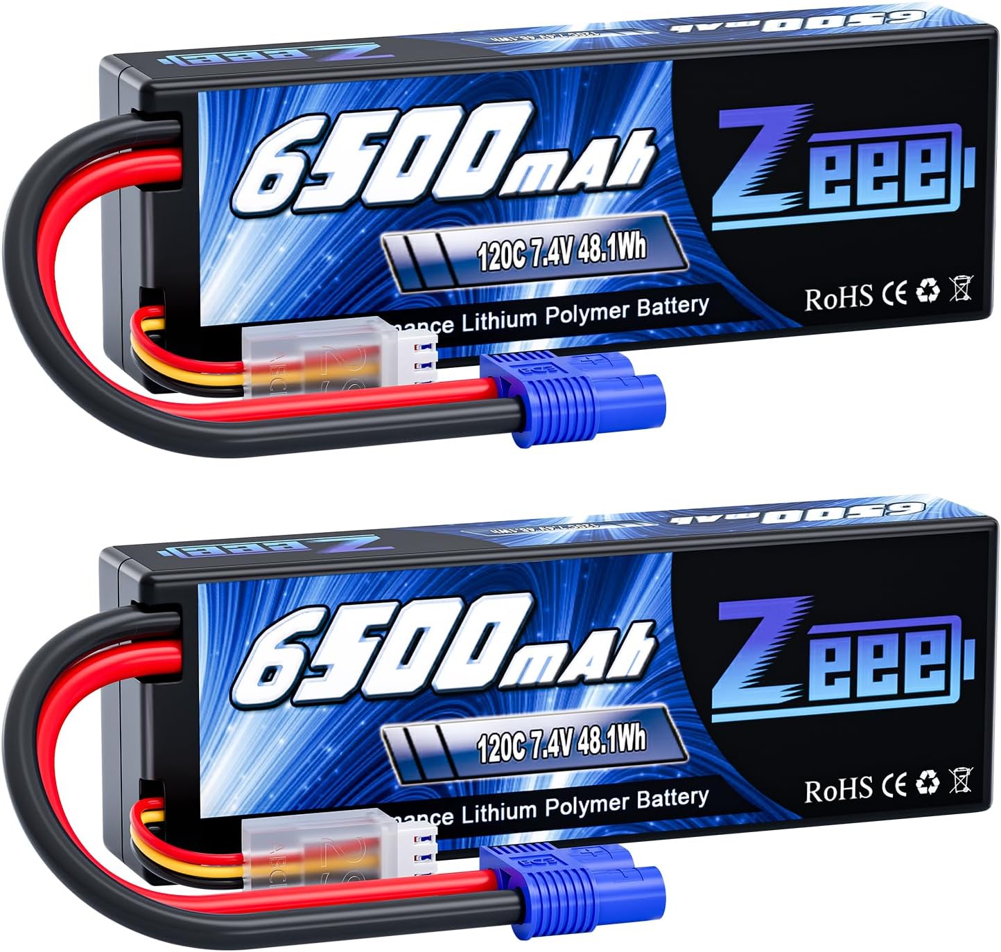 Zeee 2S Lipo Battery 6500mAh 120C 7.4V Hard Case Battery with EC3 Connector for RC Vehicles RC Car Truck Truggy 1/10 Scale Racing Models(2 Pack)