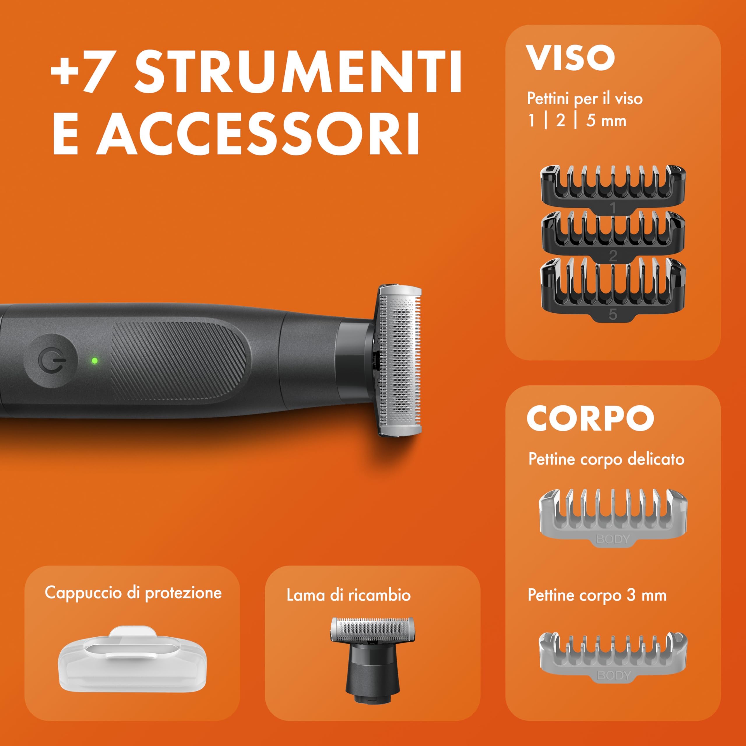 Gillette Fusion One Rasoio Elettrico Uomo Barba e Corpo, 3 Pettini Barba (1,2,5mm) e 1 Pettine Corpo, Testina Oscillante, Lama Ricambio, Impermeabile, Senza Fili, 45 Min Autonomia, Tecnologia Braun | 3 Pettini Barba, 1 Pettine Corpo, Testina Oscillante, L