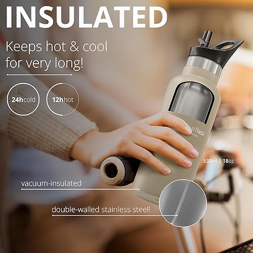 Miniatura 3 de Botella de agua de acero inoxidable con popote (3 tapas), sin BPA, a prueba de fugas, adecuada para bebidas carbonatadas, botella de agua,