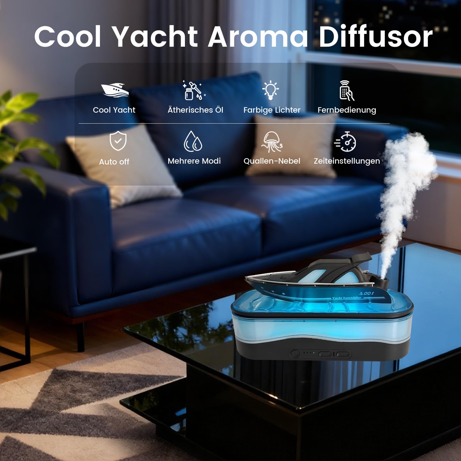 Umidificatore, Cool Yacht Aroma Diffusore con telecomando e 7 colori luce, 150 ml, umidificatore ad ultrasuoni, camera da letto con spegnimento automatico e timer, 3 modalità di aromaterapia per casa
