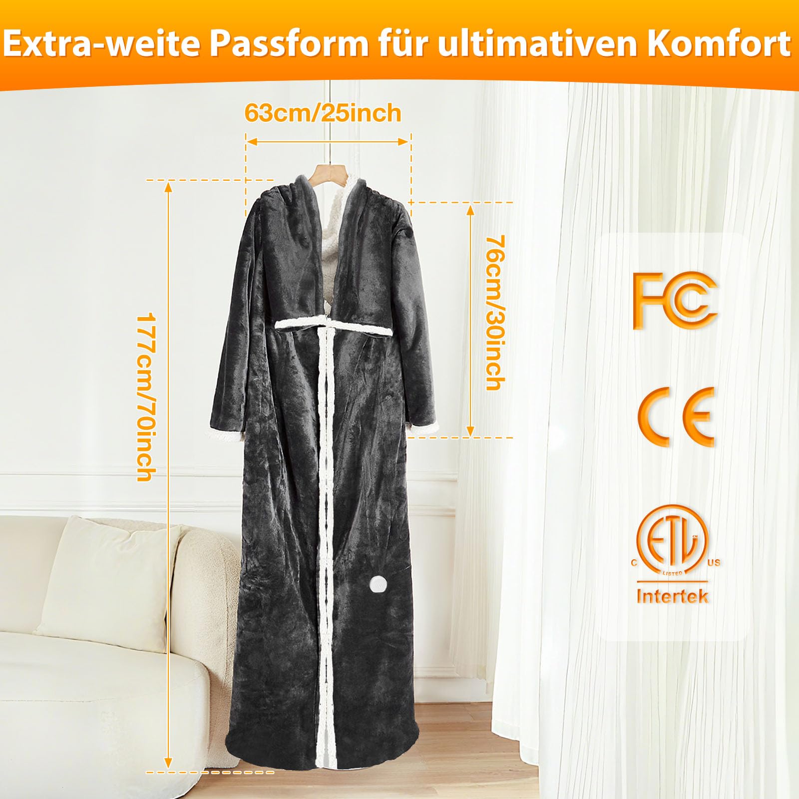 Coperta termica elettrica con tasca per piedi, lenzuolo riscaldante portatile con maniche, poncho elettrico, 8 livelli di riscaldamento e 12 ore di tempo preimpostato, 127 x 177 cm, Heated Blanket