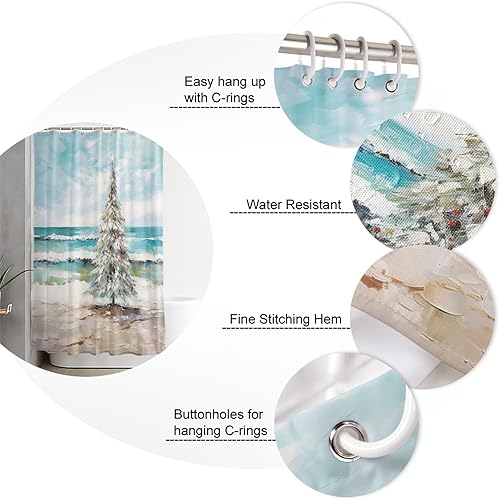 Miniatura 5 de Juego de cortinas de ducha impermeables con árbol de Navidad costero, estándar de 72 x 72 pulgadas, pintura al óleo moderna de playa, árbol de