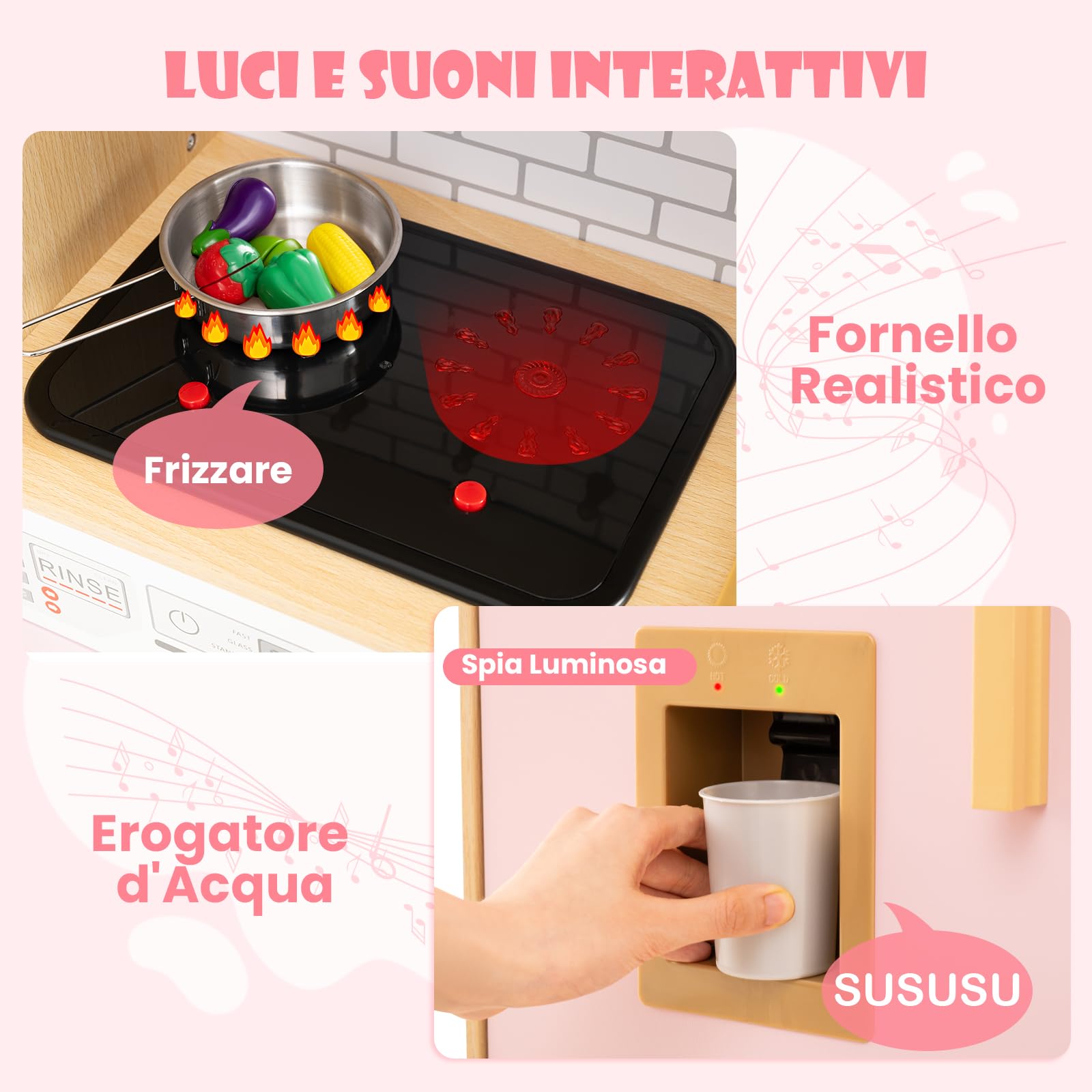 RELAX4LIFE Cucina Giocattolo per Bambini, Effetti Sonori e Luminosi, Gioco Cucina in Legno con Frigo, Microonde, Forno, Lavatrice, Mini Cucina per Bambini 3-6 Anni (Rosa)