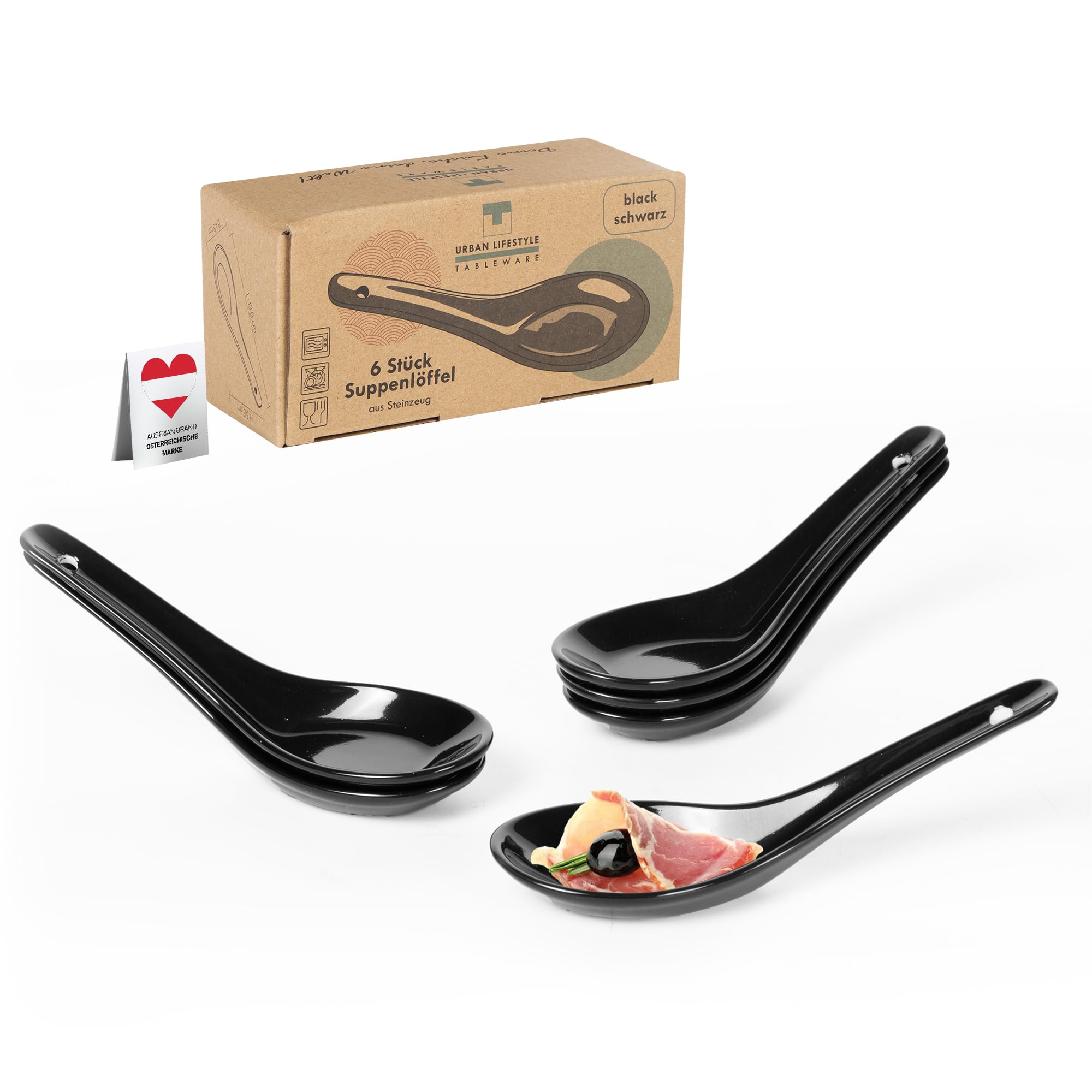 Urban Lifestyle 6 x Porcelain Spoons Black Asian Spoon Rice Spoon Soup Spoon Tasting Spoon Finger Food Spoon Appetizer Spoon Sample The Taste Spoon