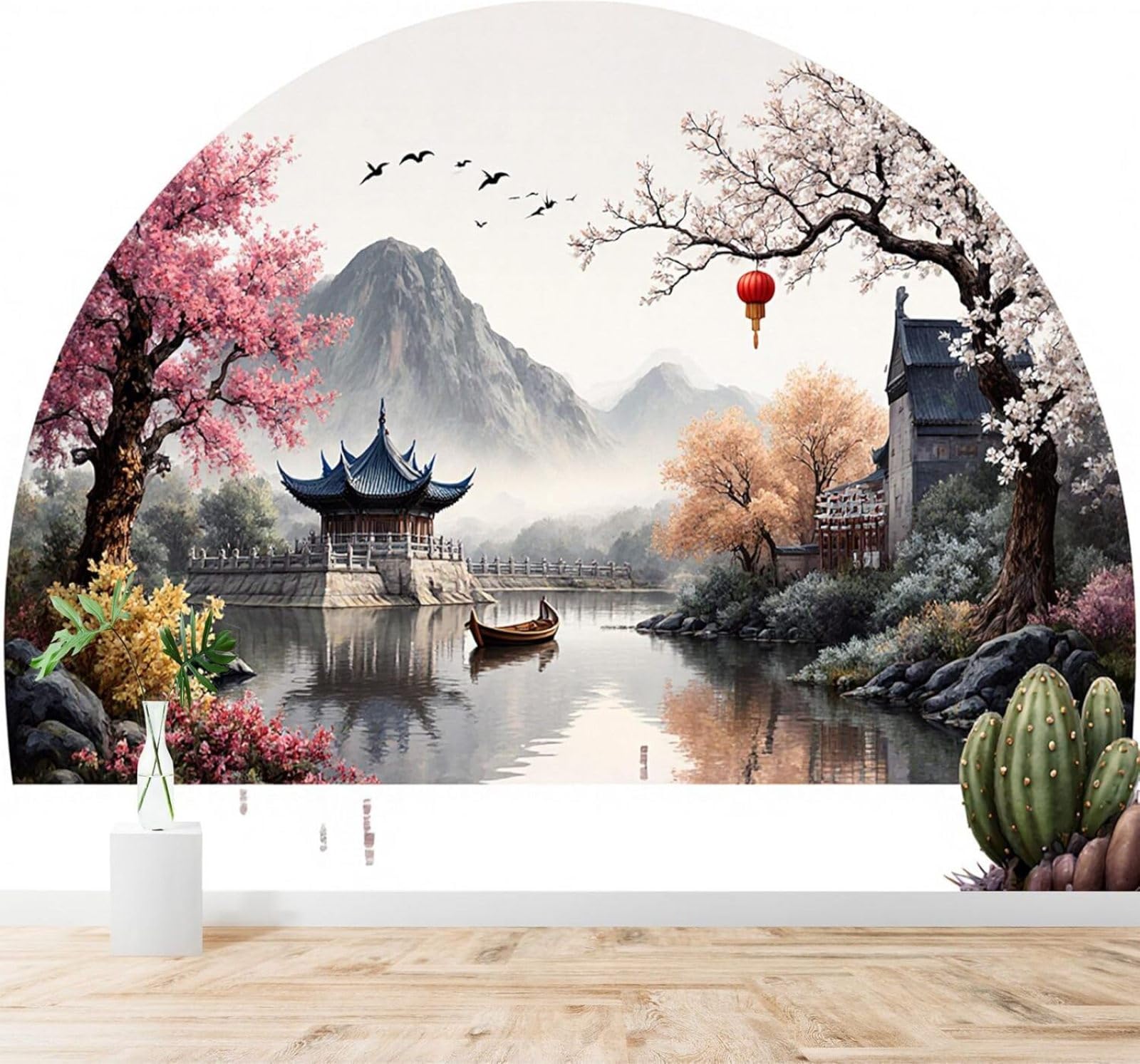 XLMING Picturesque Landscape Small Boat Cherry Blossoms Mountains 3D Wallpaper Premium Textured Silk Study Dining Living Room Bedroom Sofa TV Wall Easy Install-250cm×170cm