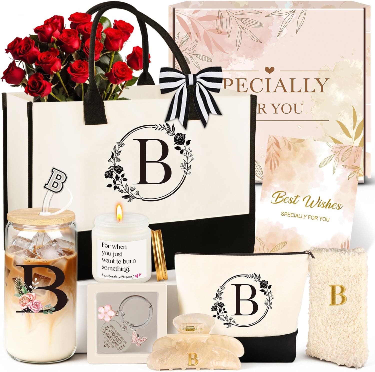 Birthday Gifts for Women, 10pcs Monogrammed Gifts for Women Initial Canvas Tote Bag, Makeup Bag, Glass Cup, Hair Clip, Candle Basket Birthday Personalized Gift for Her Woman Mom Wife Friend Teacher, B