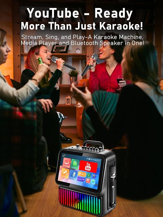 Karaoke Machine，Portable Bluetooth Karaoke Speaker with 2 Wireless Microphones，DJ Lights for Home Party Gathering, Karaoke Microphone Wireless PA System Supports