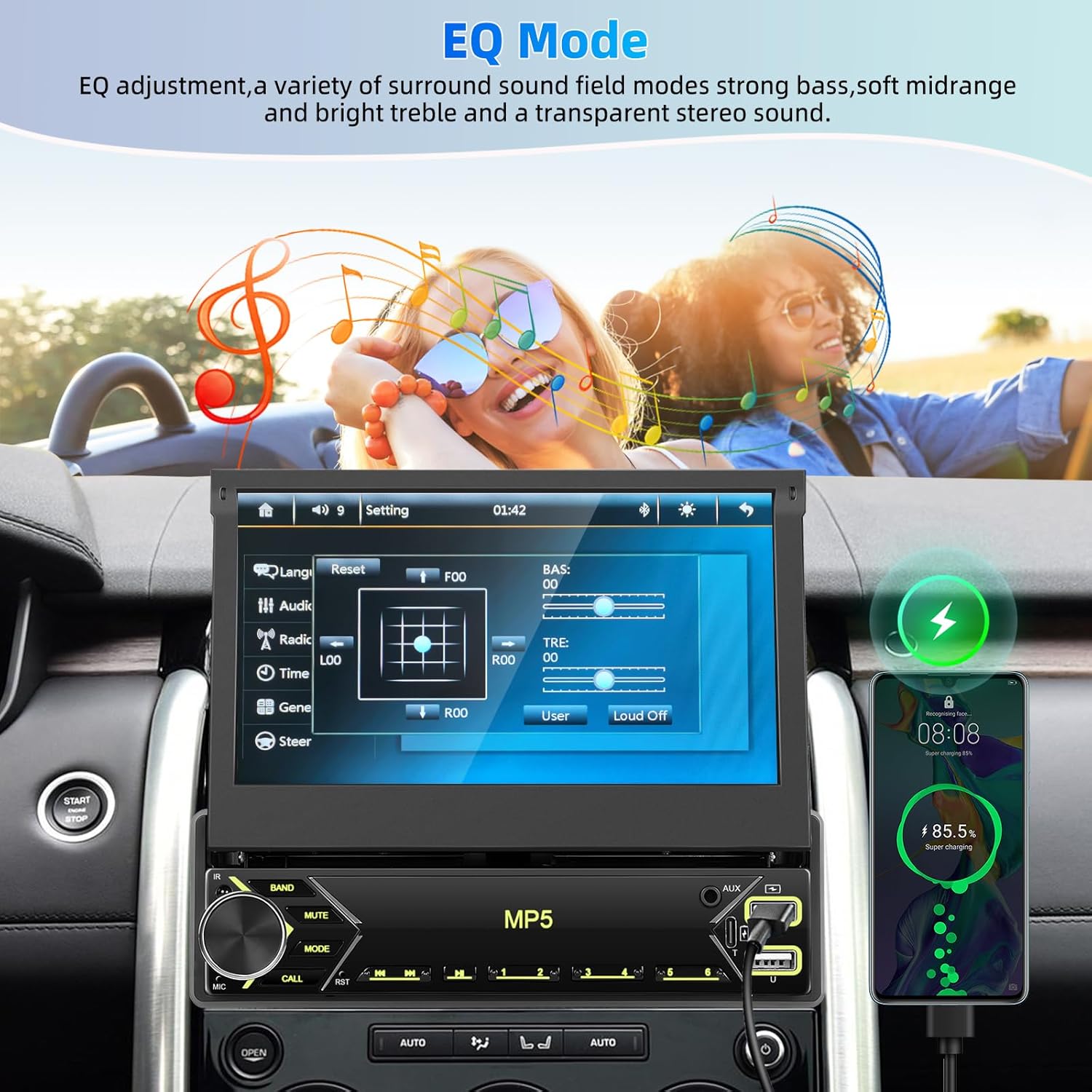 Single Din Car Stereo,7" IPS Manual Flip-Out Touch Screen Car Radio with Wireless CarPlay & Android Auto, Support Bluetooth/Mirror Link/WiFi/SWC/MIC/TF/USB/FM/EQ for 12-24V Cars +Rear Camera