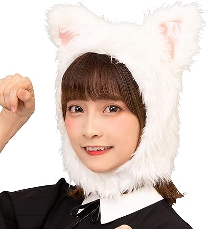Amazon カラー ホワイト もふもふ ネコさん 被り物 かぶりもの ねこ キャット 猫 ネコ 猫耳 ホワイト ブラック 黒猫 黒 かわいい ふわふわ 動物コスプレ アニマルハット アニマル帽子 男女兼用 コスプレ ハロウィン コスチューム 仮装 かわいい 文化祭 忘年会