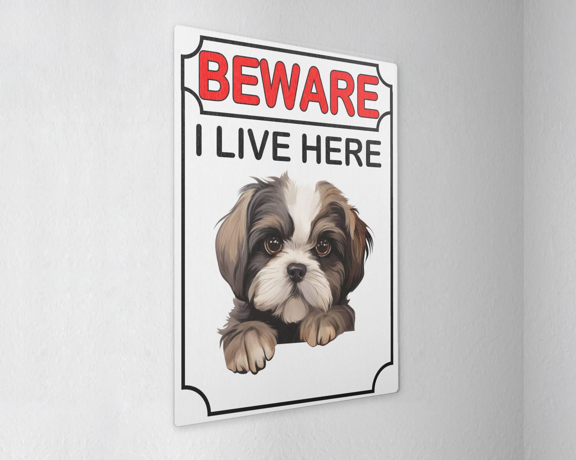 decalarama Shih Tzu Metal Sign Gift – Beware I Live Here - Cute Fun Dog Novelty Aluminium Present