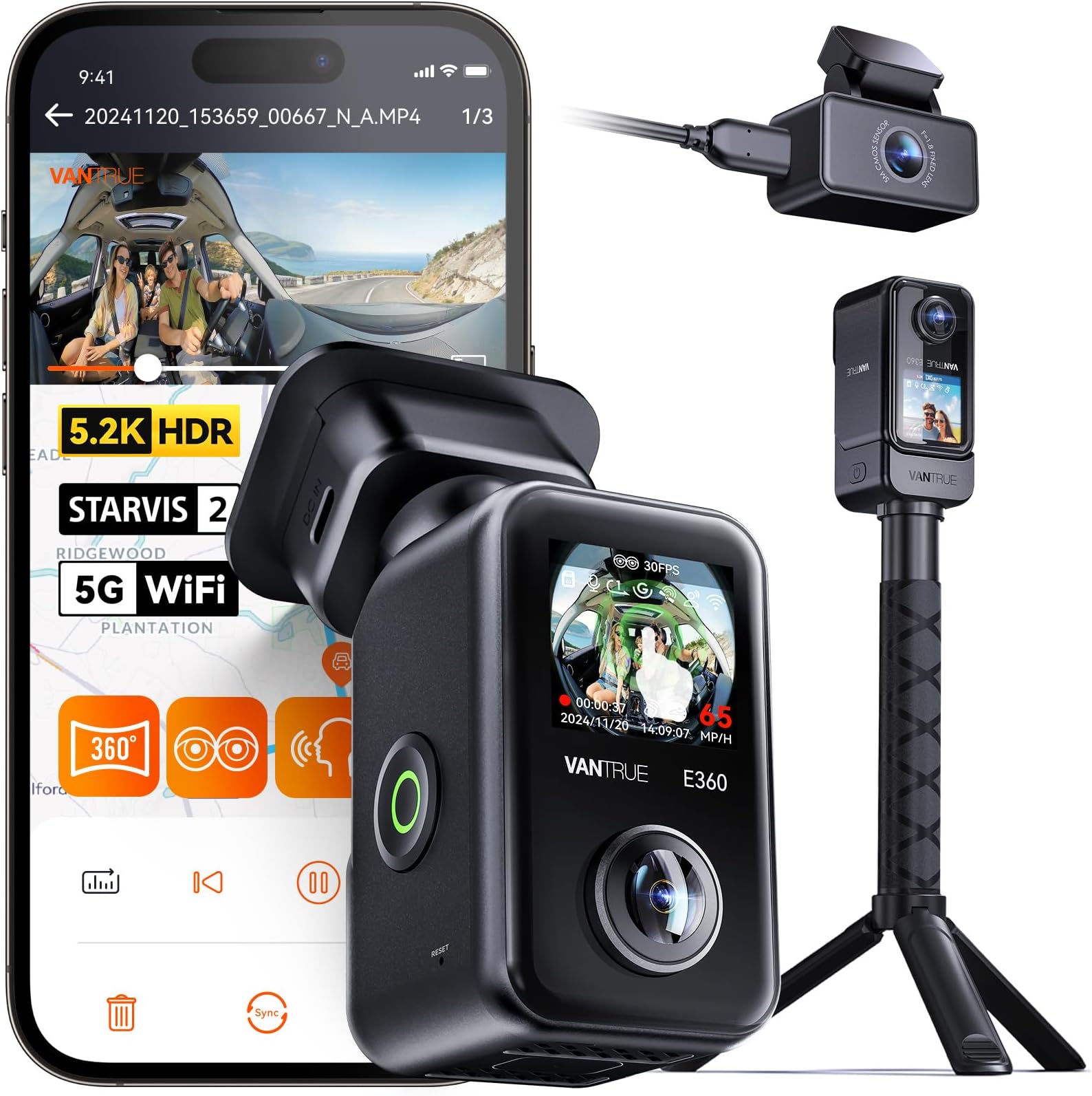 Dashcam VANTRUE N4 Pro 4K - 3 Lenti STARVIS 2, WiFi 5GHz, GPS Per Auto, Visione Notturna