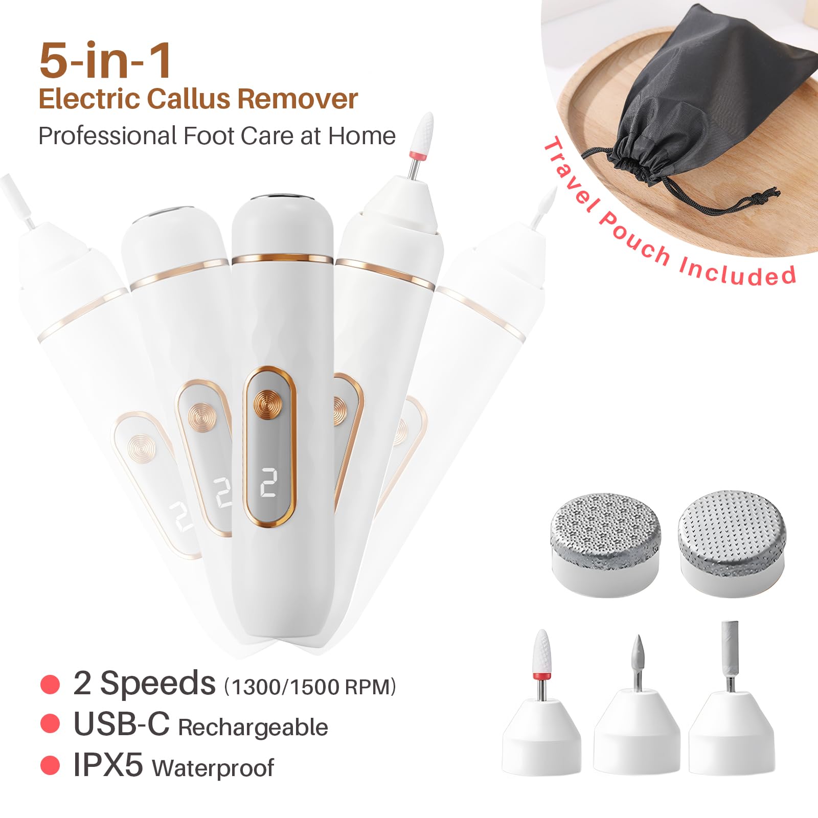Éliminateur électrique de callosités pour pieds, 2 vitesses (1300/1500 tr/min) – Têtes remplaçables 5 en 1, élimine la peau sèche et les callosités pour des pieds plus lisses, soin idéal des pieds