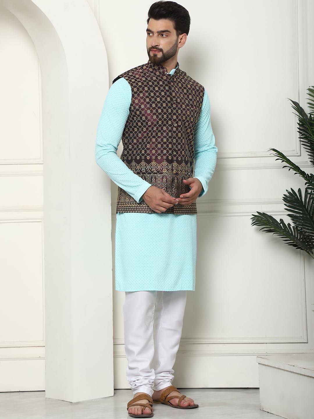 Sojanya (Since 1958 Men's Pure Cotton Sky Blue Kurta And White Pyjama With Wine Nehru Jacket