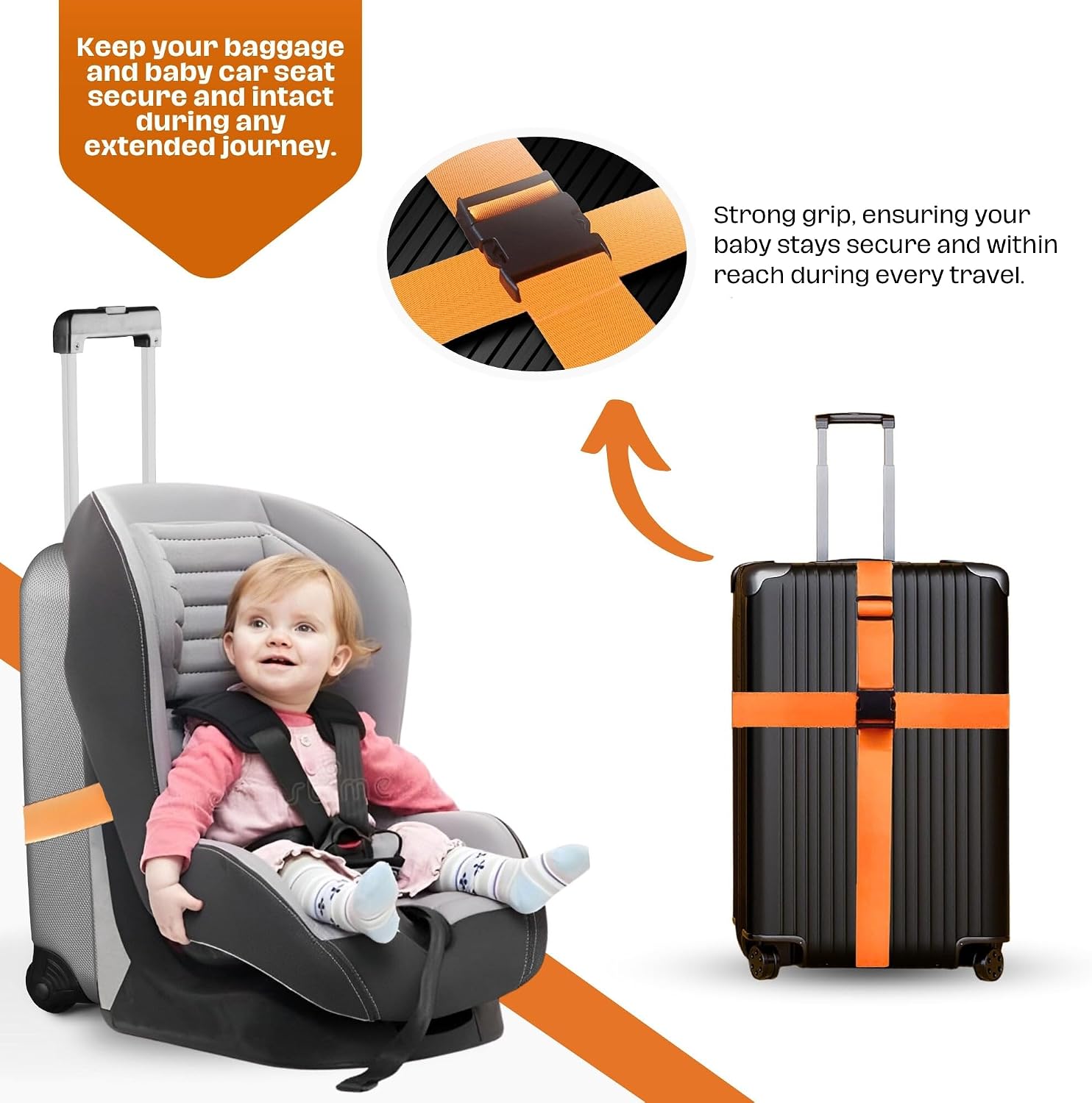 Car Seat Travel Belt to Suitcase - Car Seat Travel Strap with Heavy Duty Metal Buckle - Convertible Luggage Straps for Suitcases - Travel Belt for Luggage Strap and Airport Car Seat Dolly (Orange)