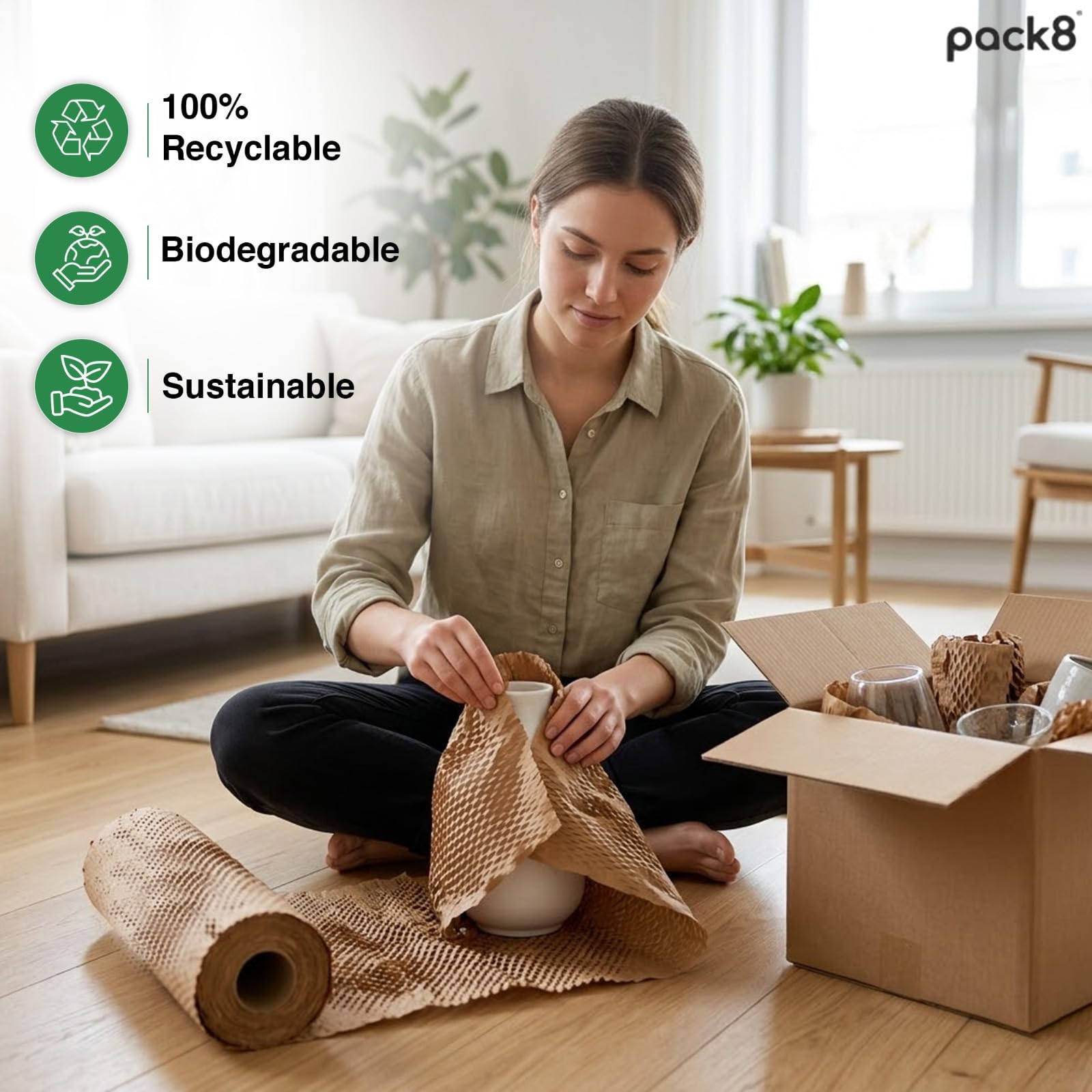 Pack8neo Sustainable Honeycomb Paper Bubble Wrap Roll - 50m x 15", 80 GSM White Packaging Wrap for Cushioning, Packing, Shipping & Moving Fragile Items | Expands 40-50% 1