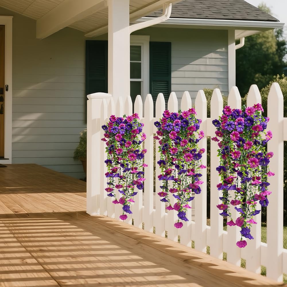6PCS Artificial Hanging Flowers for Outdoor Decor - UV Resistant Fake Morning Glory Realistic Silk Spring Summer Hanging Plants for Porch Patio Balcony Yard(Mixed Color) - Image 5