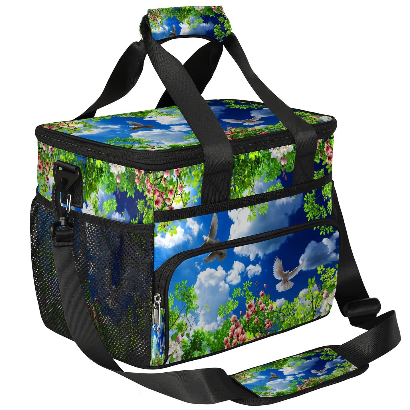 Grand sac à déjeuner isotherme pour adultes, hommes, femmes, enfants, filles, garçons, motif fleurs de cerisier, pigeon, plante printanière, sac isotherme pour le travail, le pique-nique, le barbecue