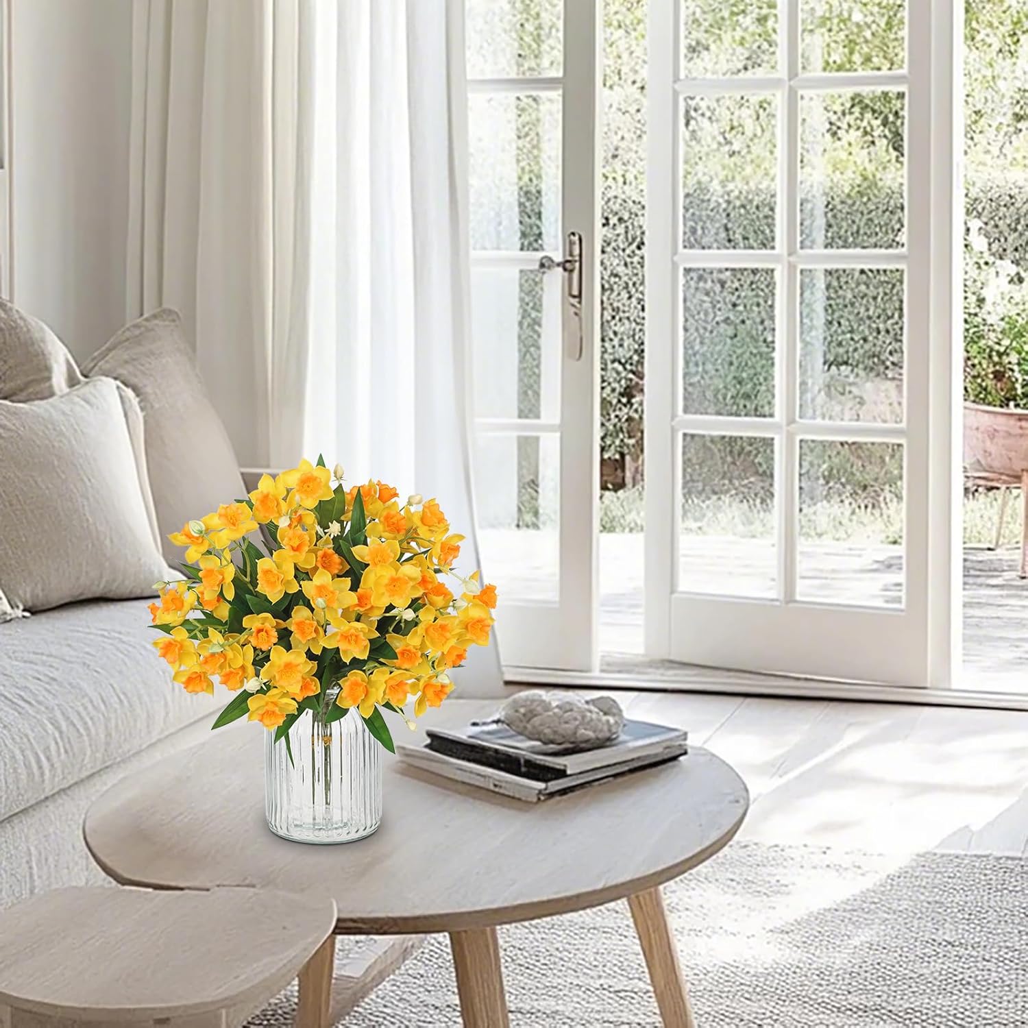 15" Artificial Daffodil Bouquets Set of 3, Faux Narcissus Flowers with Green Leaves & Unbloomed Buds, Fake Yellow Flowers for Home & Office Decor (Vase Not Included) - Image 2